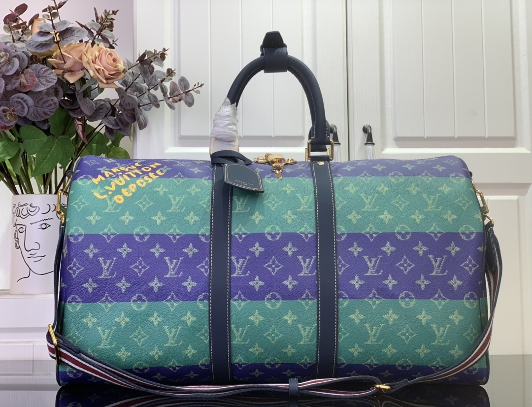 LV Keepall Bandoulière 50 travel bag in blue and green striped Monogram Heritage canvas