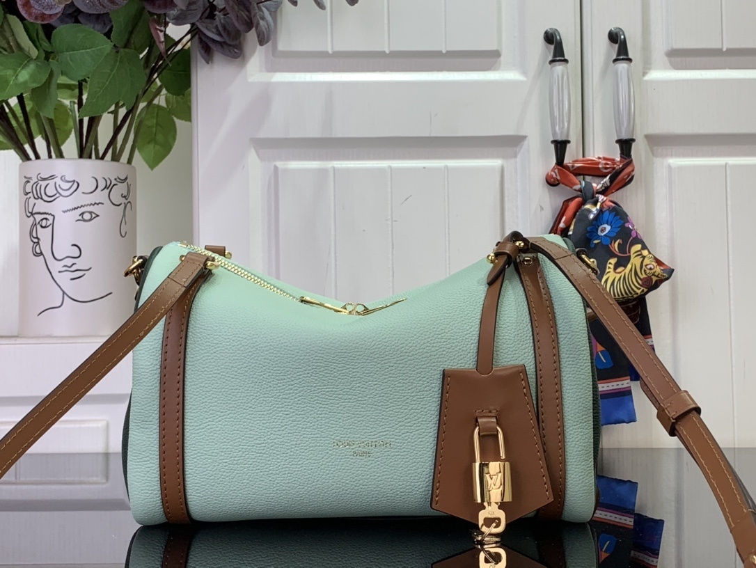 LV Express PM shoulder bag in light mint green calfskin leather with brown leather trim and gold-toned hardware