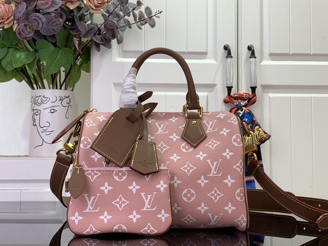 LV Speedy P9 Bandoulière 25 bag in the "Damoflage Pink Sakura" color crafted from extra-soft calfskin with a silk-screened Monogram print