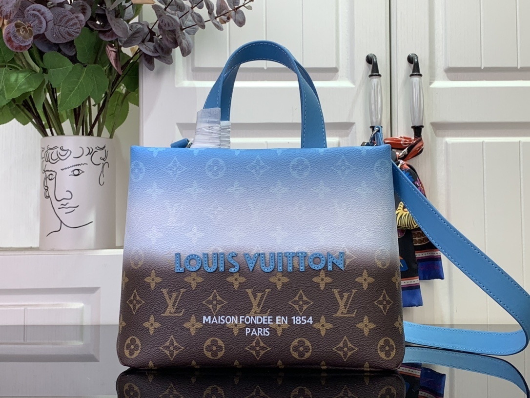 LV OnTheGo PM tote bag in the Monogram and Monogram Reverse canvas with a blue-to-brown gradient finish