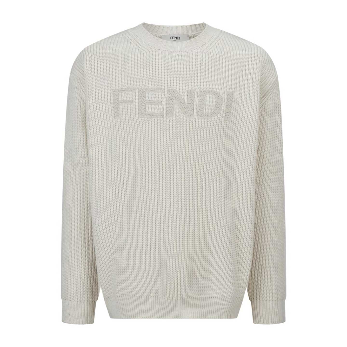 Fendi cream wool pullover with a maxi Fendi logo embroidered on the front.
