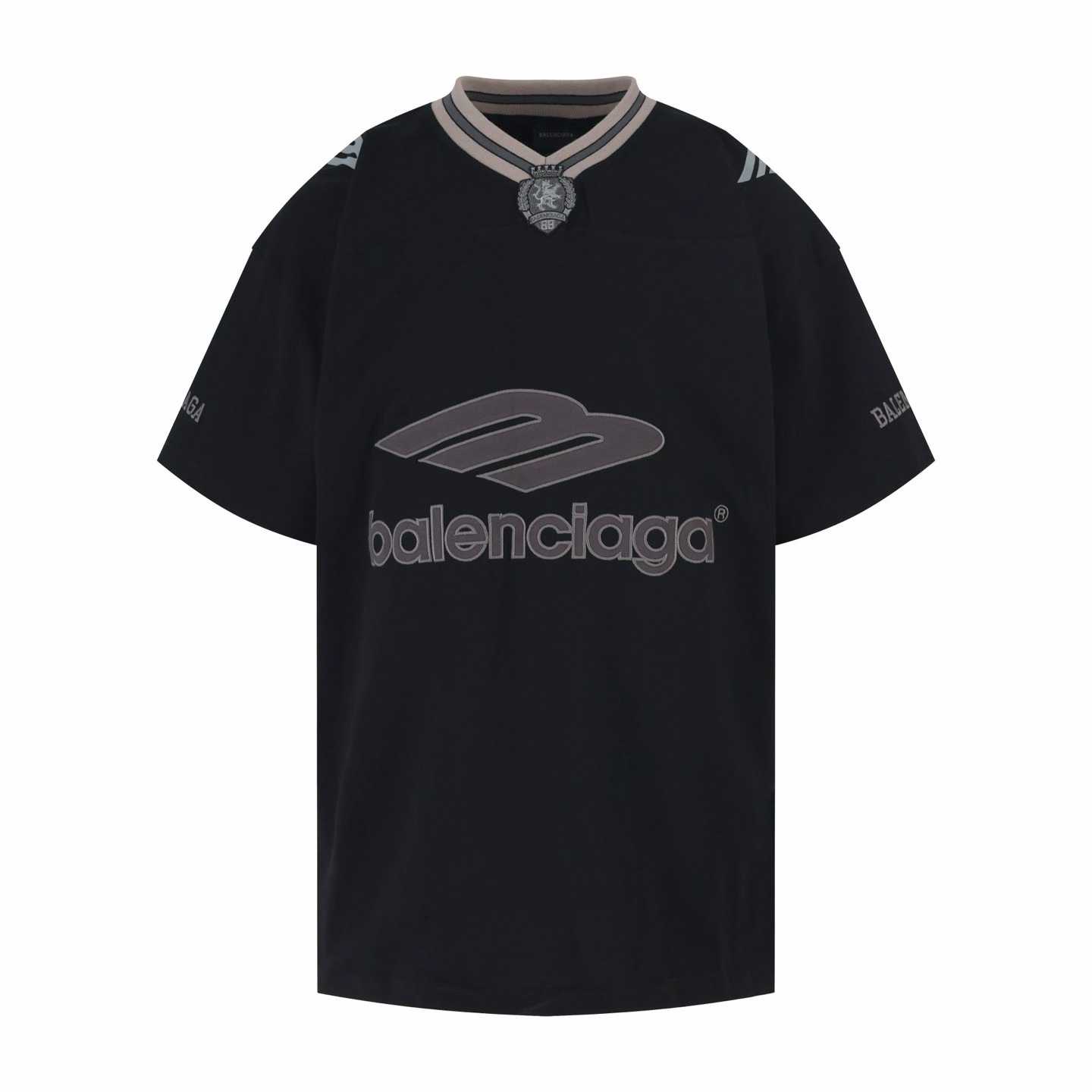 Balenciaga 3B Football V-Neck T-shirt Oversized in dark navy and red dry jersey.