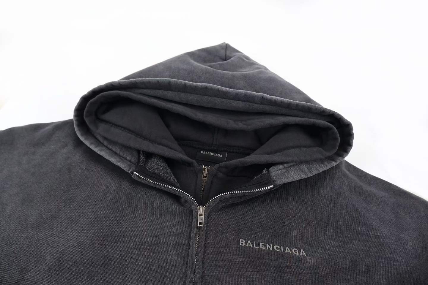 Balenciaga Zip-up Hoodie in a washed grey cotton material.