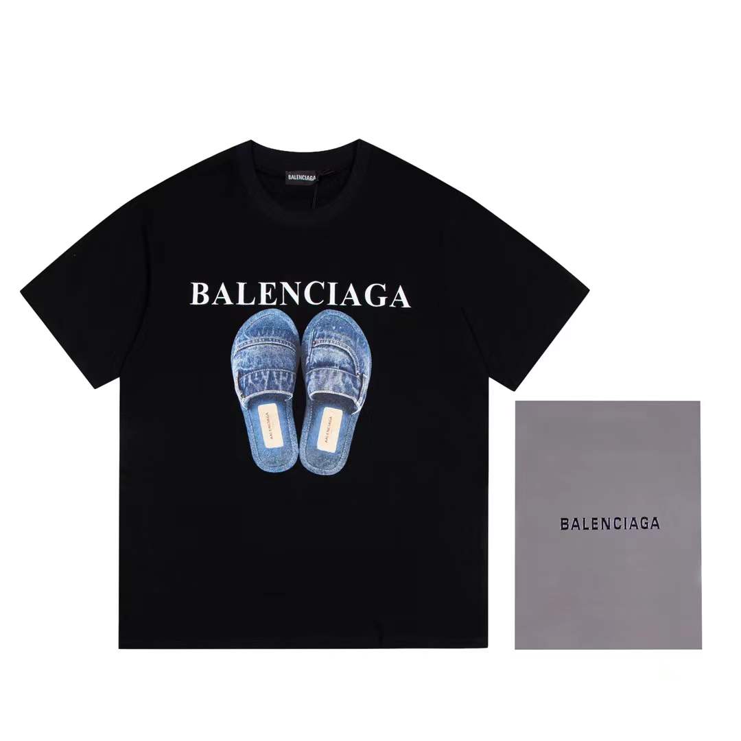 Balenciaga black cotton t-shirt with a blue denim slipper graphic print