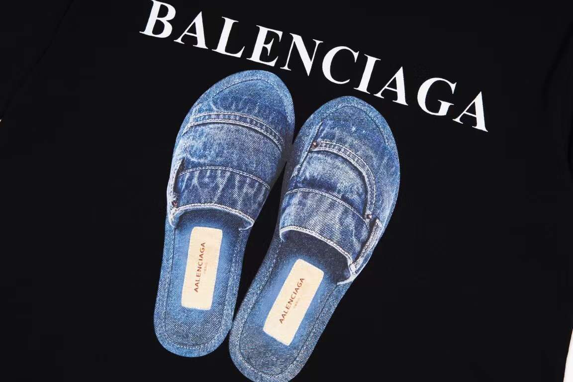 Balenciaga black cotton t-shirt with a blue denim slipper graphic print