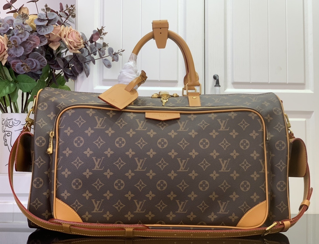 LV Keepall Cargo 50 bag in Monogram coated canvas with natural-cowhide trim and golden hardware.