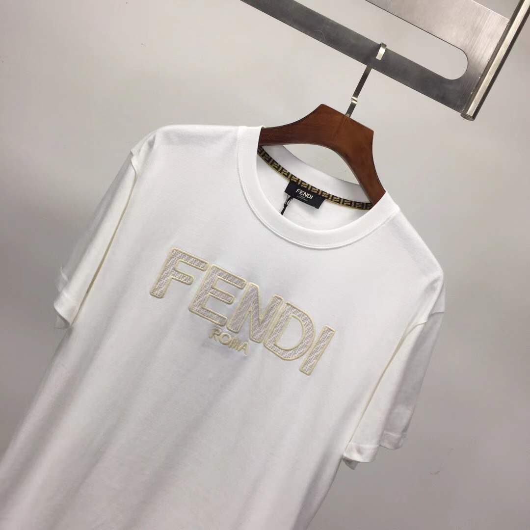 Fendi white logo flocked cotton round neck short sleeve T-shirt