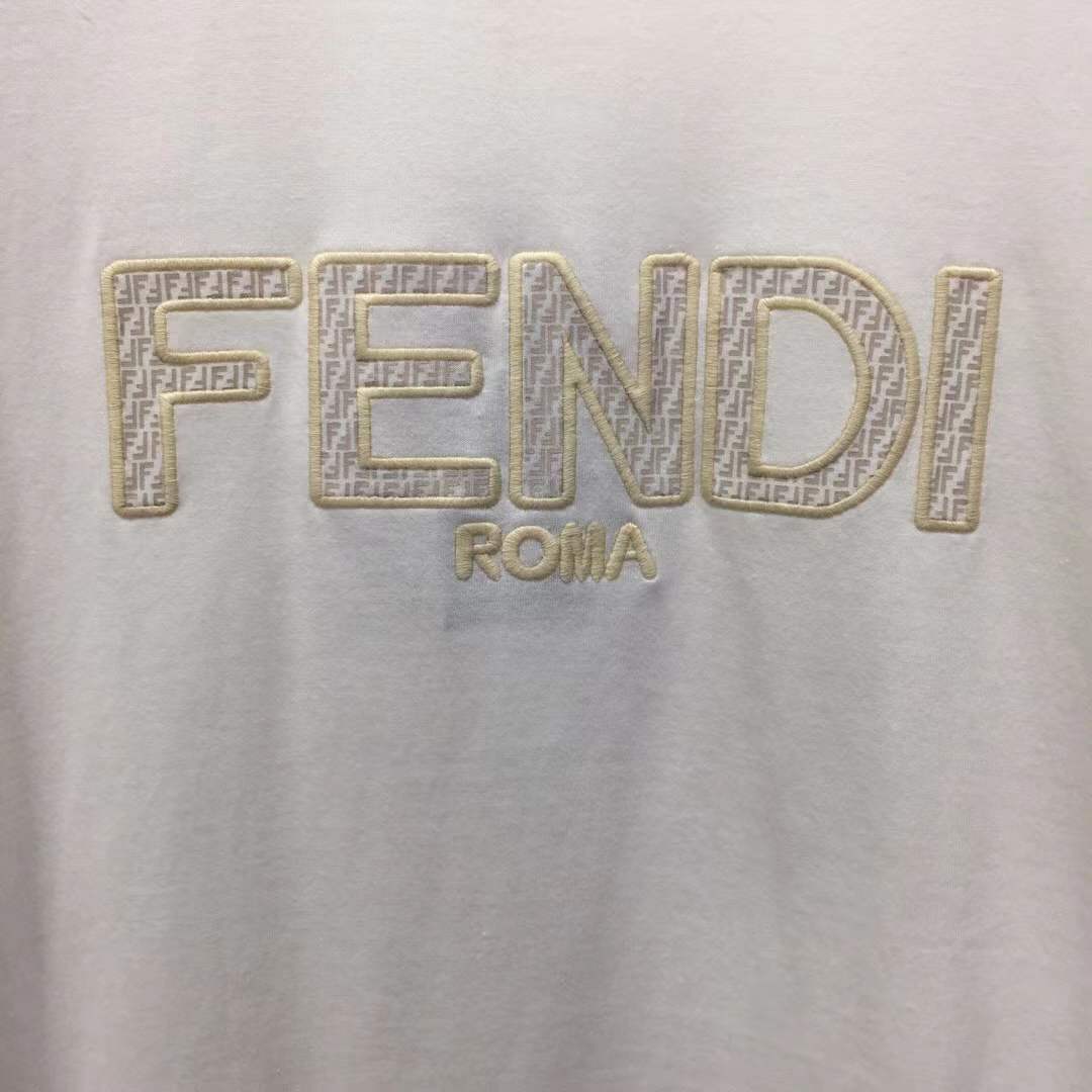 Fendi white logo flocked cotton round neck short sleeve T-shirt