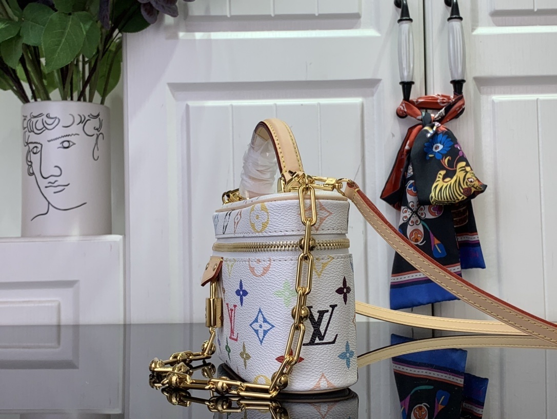 LV x Takashi Murakami Vanity Chain Pouch in white multicolored monogram-coated canvas with gold-toned hardware
