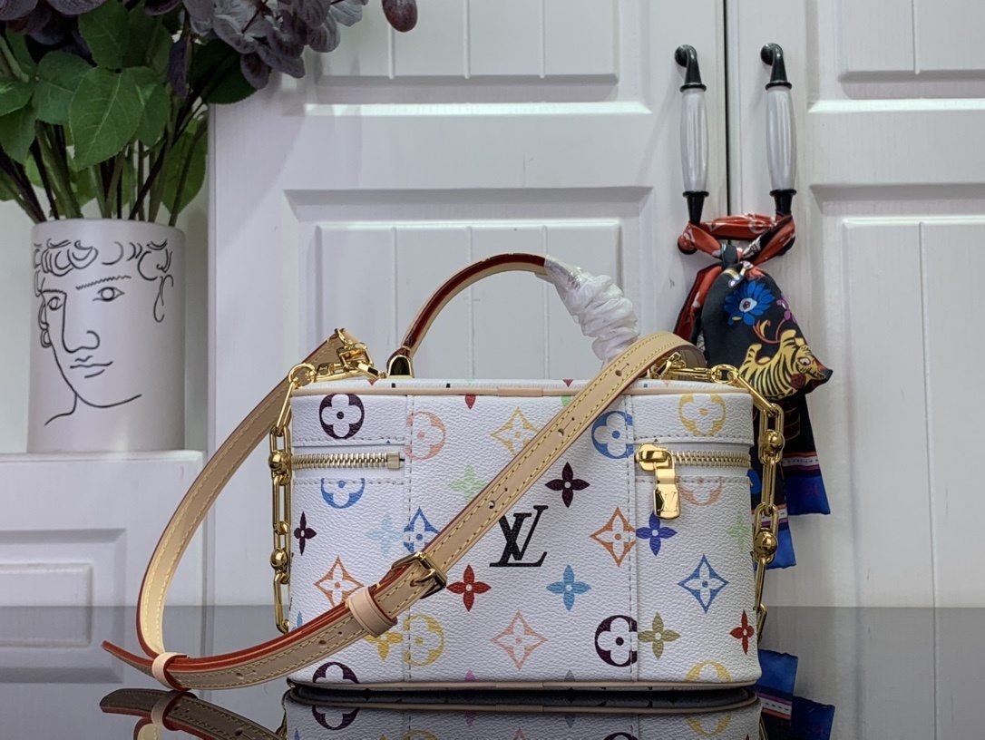 LV x Takashi Murakami Vanity Chain Pouch in white multicolored monogram-coated canvas with gold-toned hardware