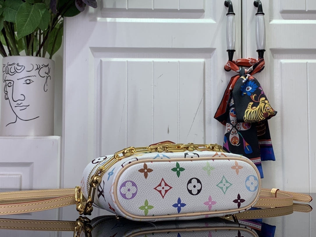 LV x Takashi Murakami Vanity Chain Pouch in white multicolored monogram-coated canvas with gold-toned hardware