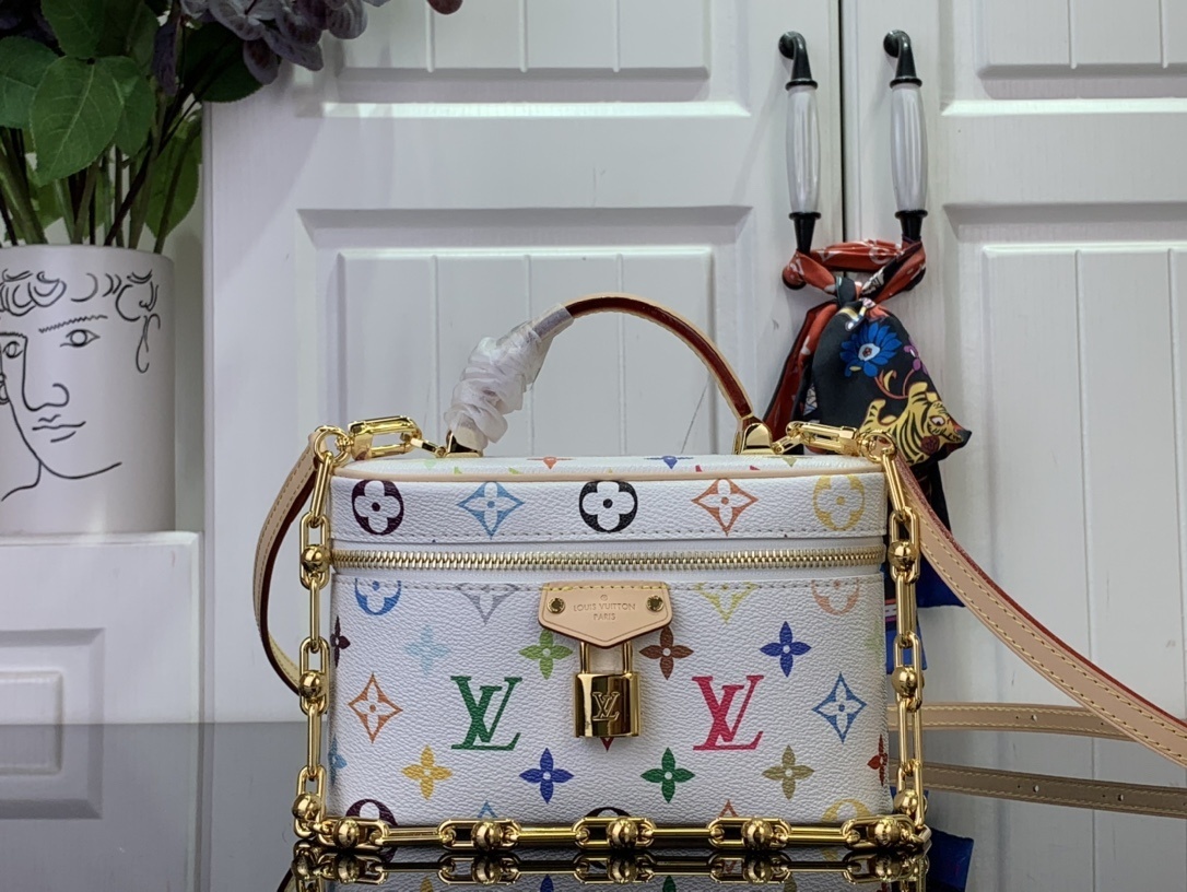 LV x Takashi Murakami Vanity Chain Pouch in white multicolored monogram-coated canvas with gold-toned hardware