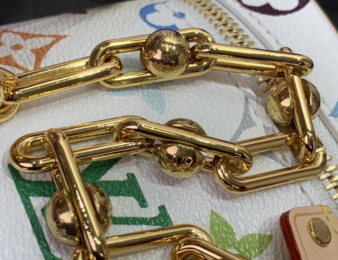 LV x Takashi Murakami Vanity Chain Pouch in white multicolored monogram-coated canvas with gold-toned hardware