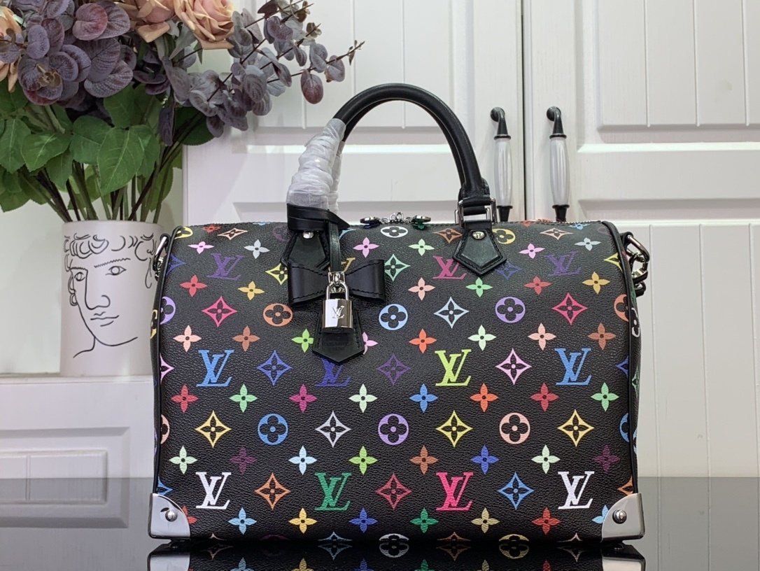 LV x Takashi Murakami Speedy Soft 30 black multicolored bag in coated canvas with silver-toned hardware