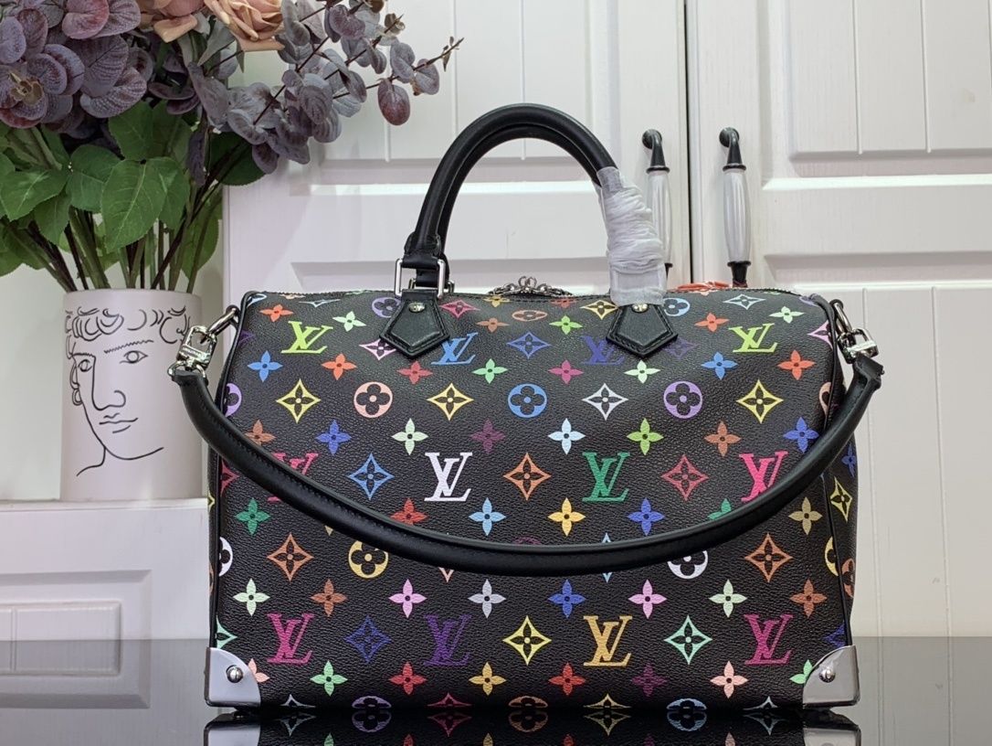 LV x Takashi Murakami Speedy Soft 30 black multicolored bag in coated canvas with silver-toned hardware