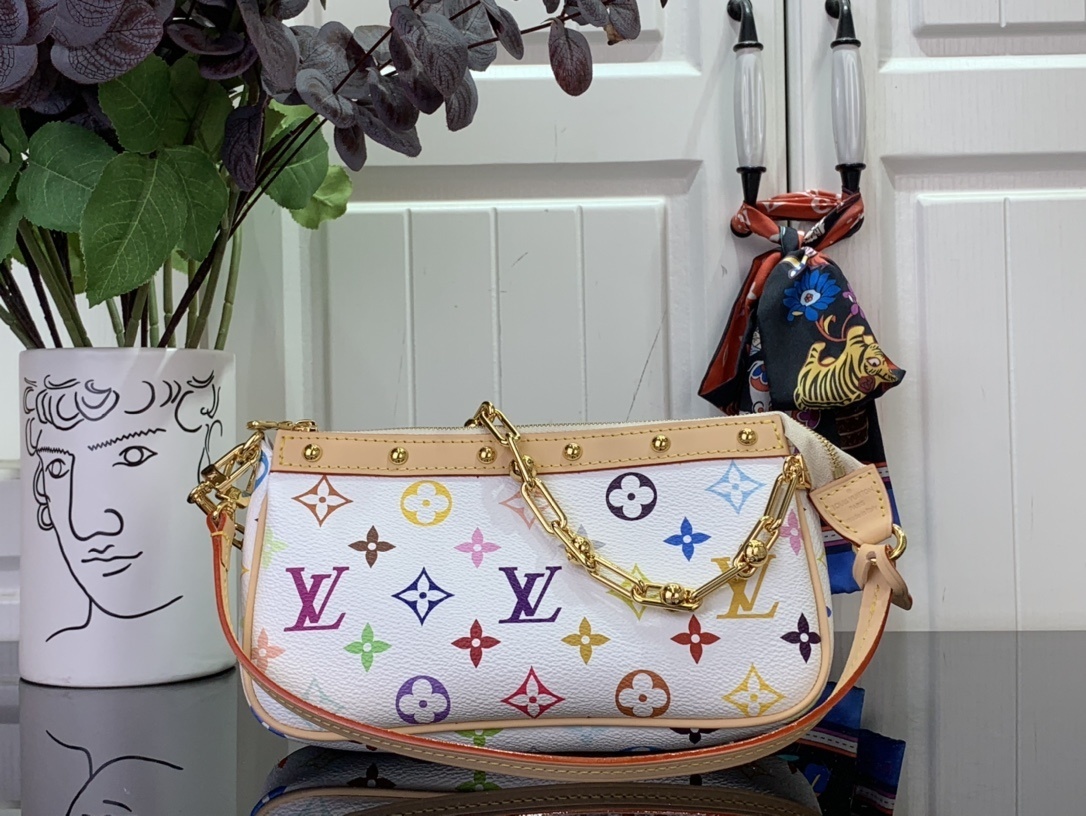 LV x Takashi Murakami Pochette Accessoires bag in white multicolor monogram coated canvas with natural cowhide-leather trim and gold-toned hardware