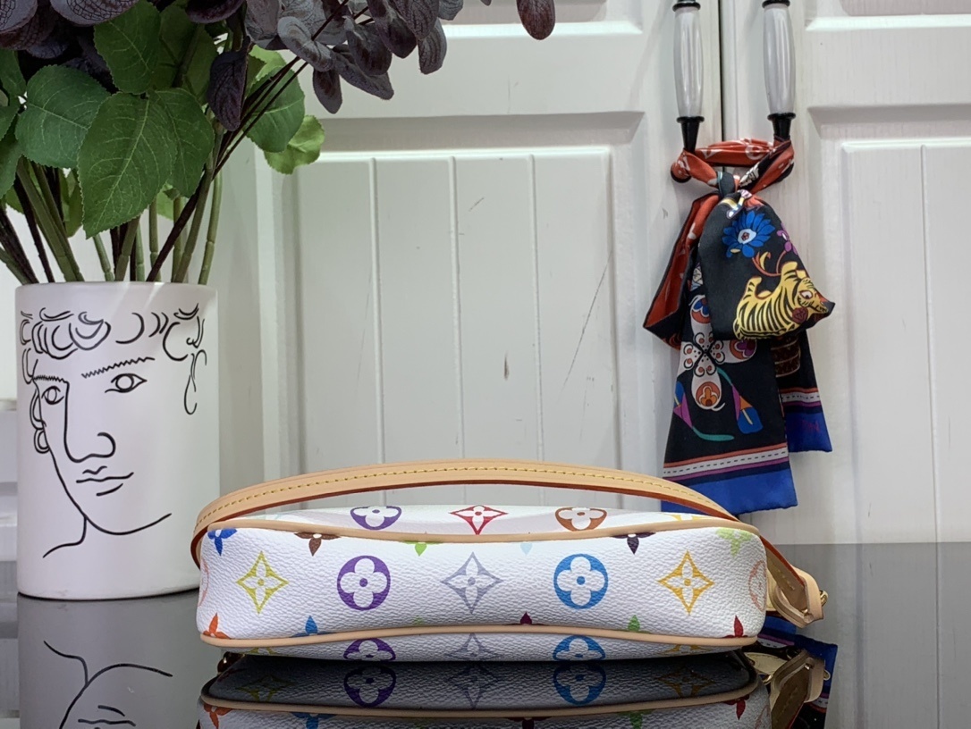 LV x Takashi Murakami Pochette Accessoires bag in white multicolor monogram coated canvas with natural cowhide-leather trim and gold-toned hardware