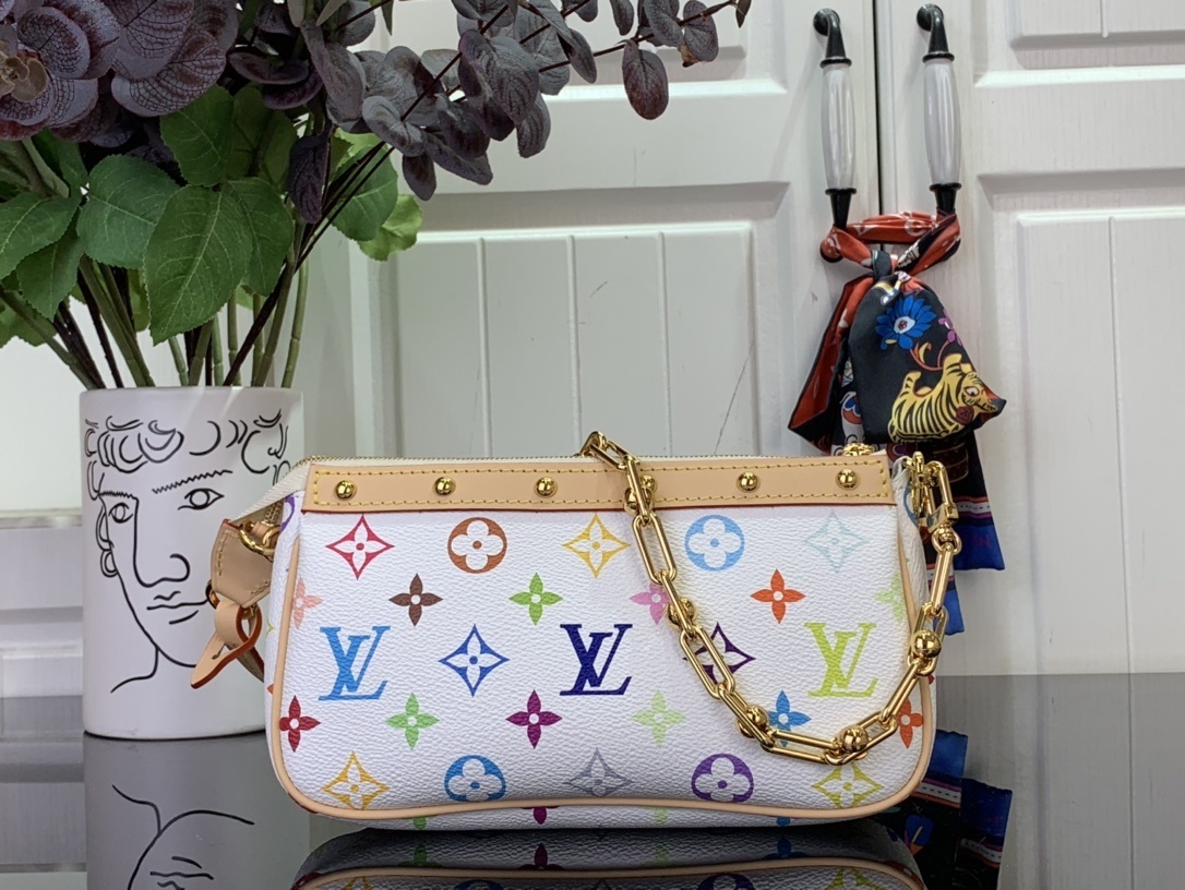 LV x Takashi Murakami Pochette Accessoires bag in white multicolor monogram coated canvas with natural cowhide-leather trim and gold-toned hardware
