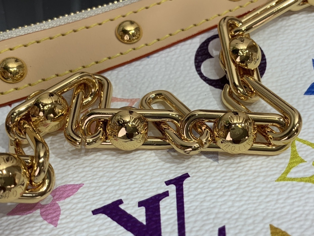 LV x Takashi Murakami Pochette Accessoires bag in white multicolor monogram coated canvas with natural cowhide-leather trim and gold-toned hardware