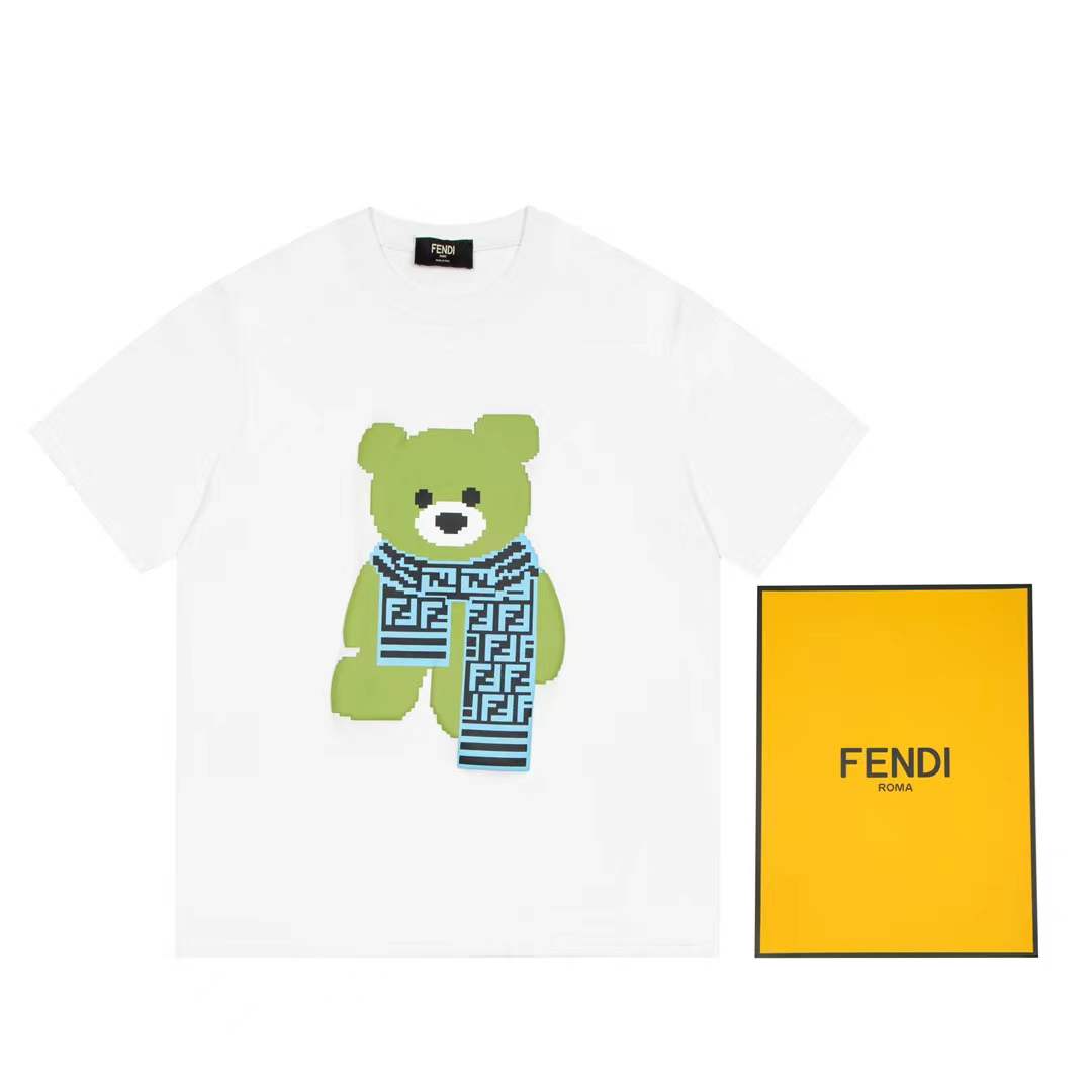 Fendi kids' white cotton t-shirt with a green teddy bear graphic print