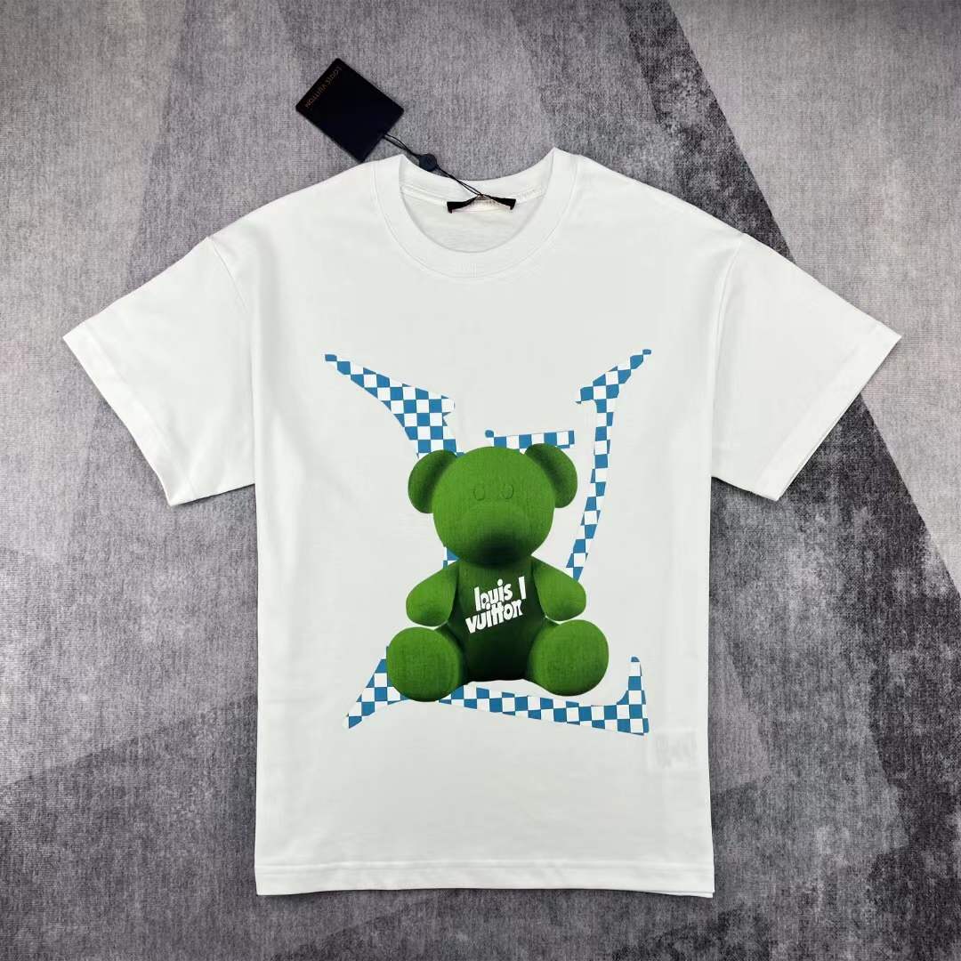 LV men's white t-shirt a green teddy bear graphic with the brand's Damier motif