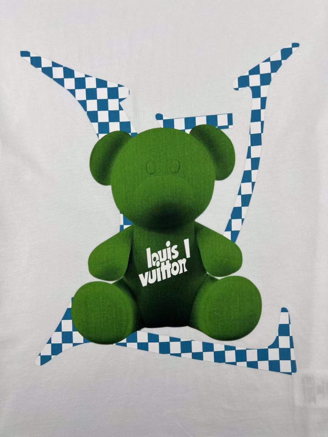 LV men's white t-shirt a green teddy bear graphic with the brand's Damier motif