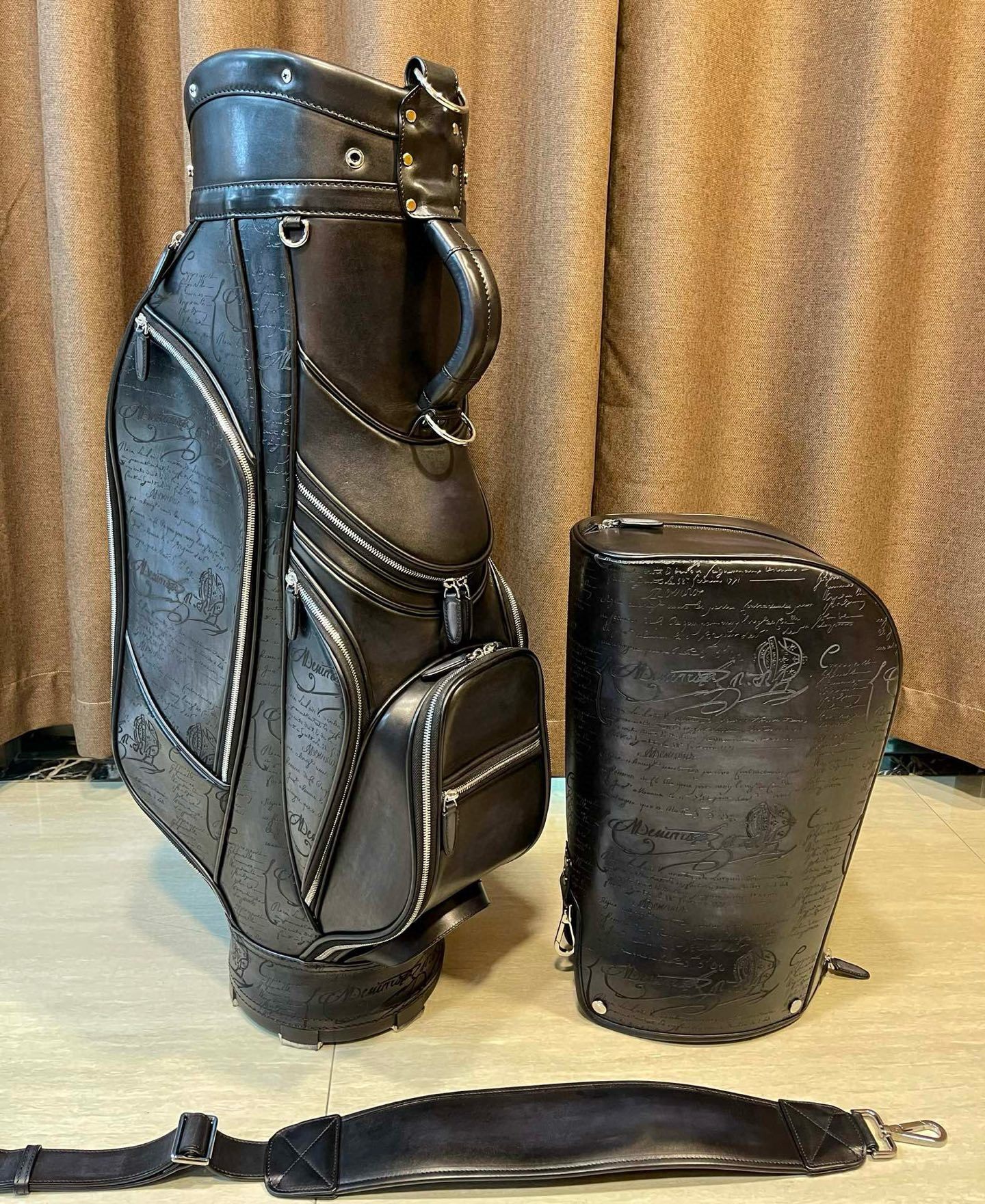 vintage Miller black leather golf bag with a carry strap