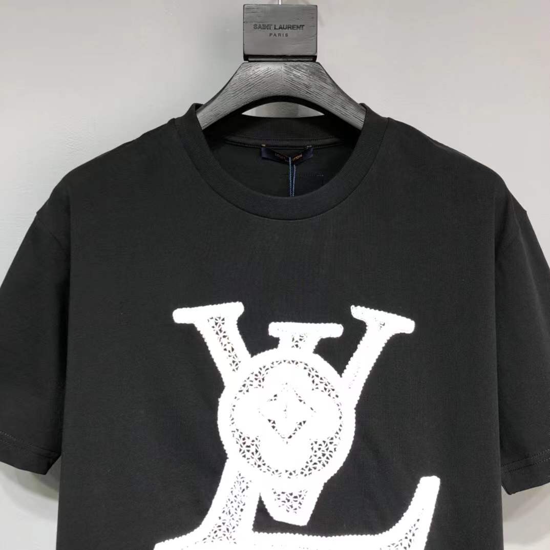 LV black cotton T-shirt featuring a white flocked or printed LV logo