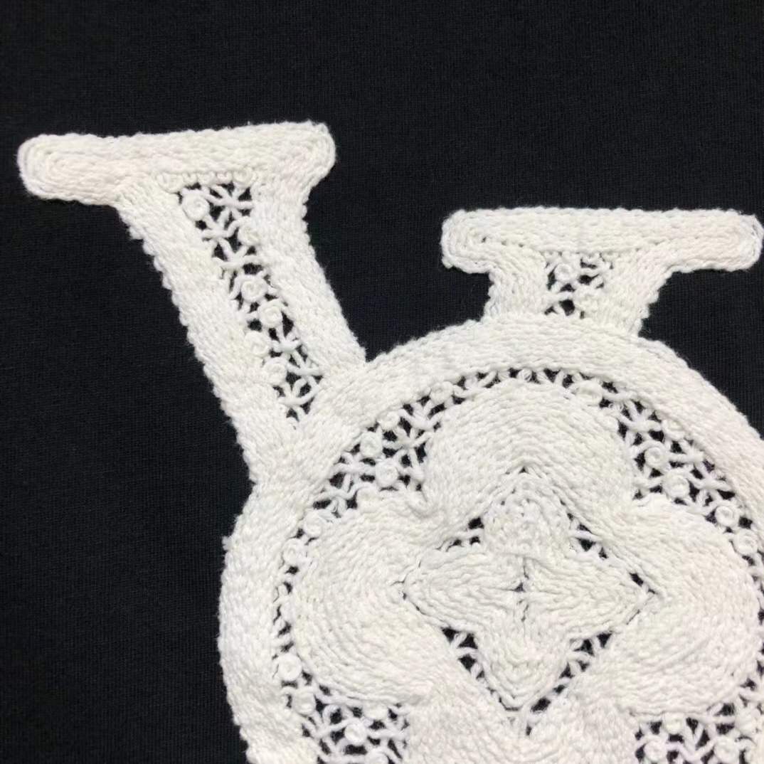 LV black cotton T-shirt featuring a white flocked or printed LV logo