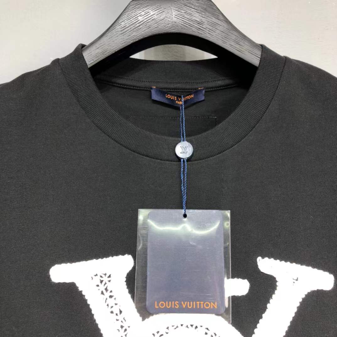 LV black cotton T-shirt featuring a white flocked or printed LV logo