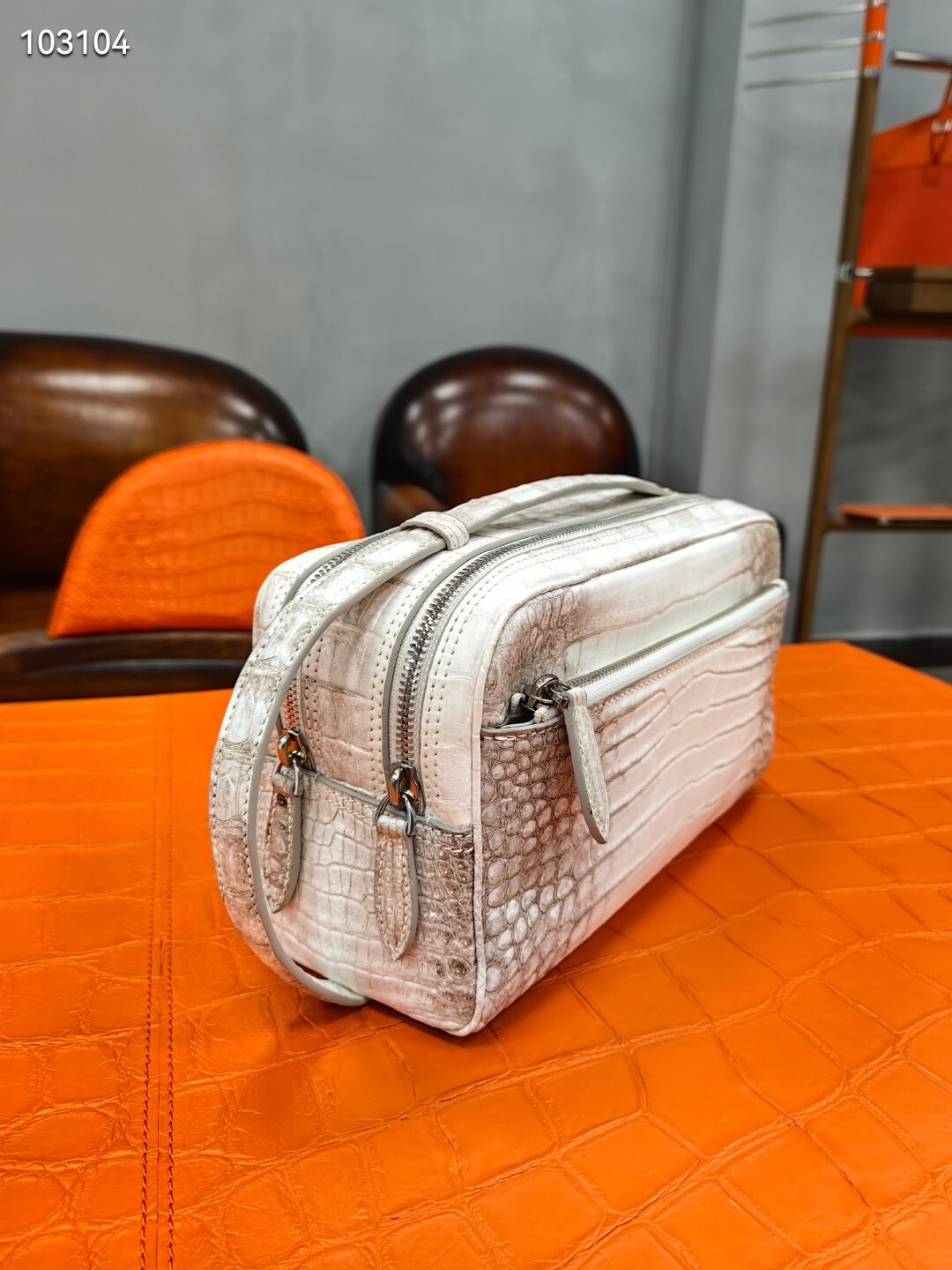 Berluti white and brown crocodile or alligator skin-textured leather clutch or messenger bag