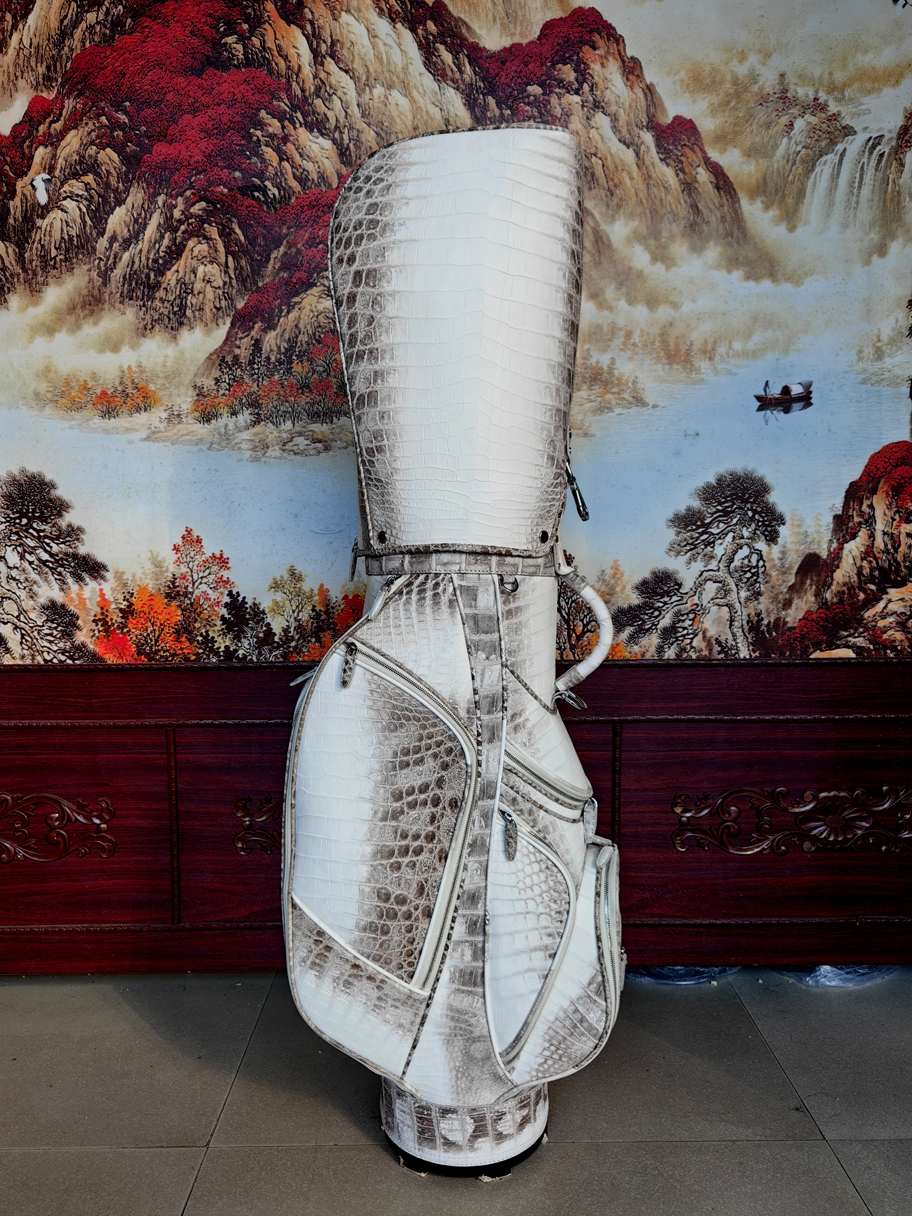 Berluti ivory crocodile-embossed cow leather golf bag.