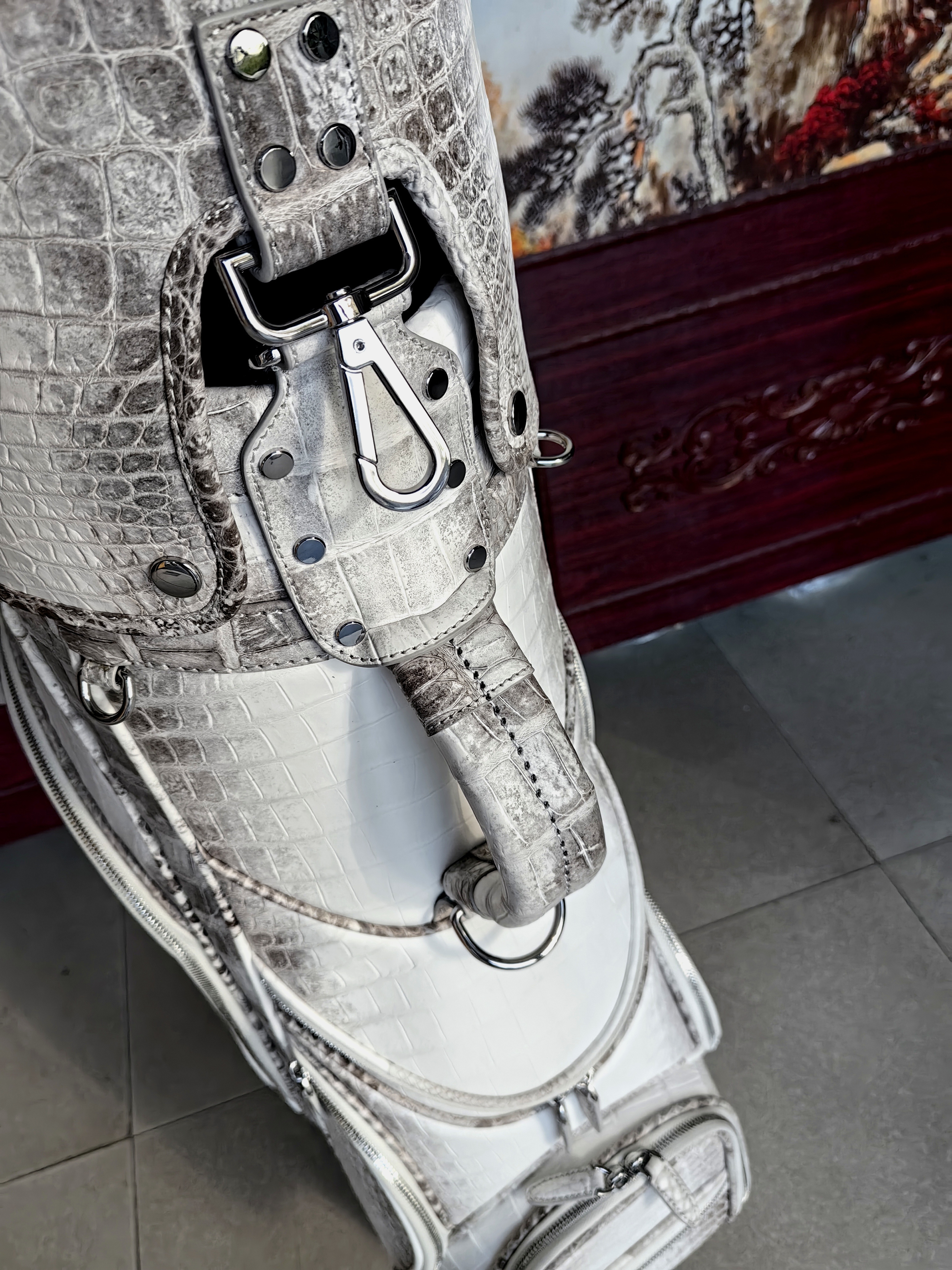 Berluti ivory crocodile-embossed cow leather golf bag.