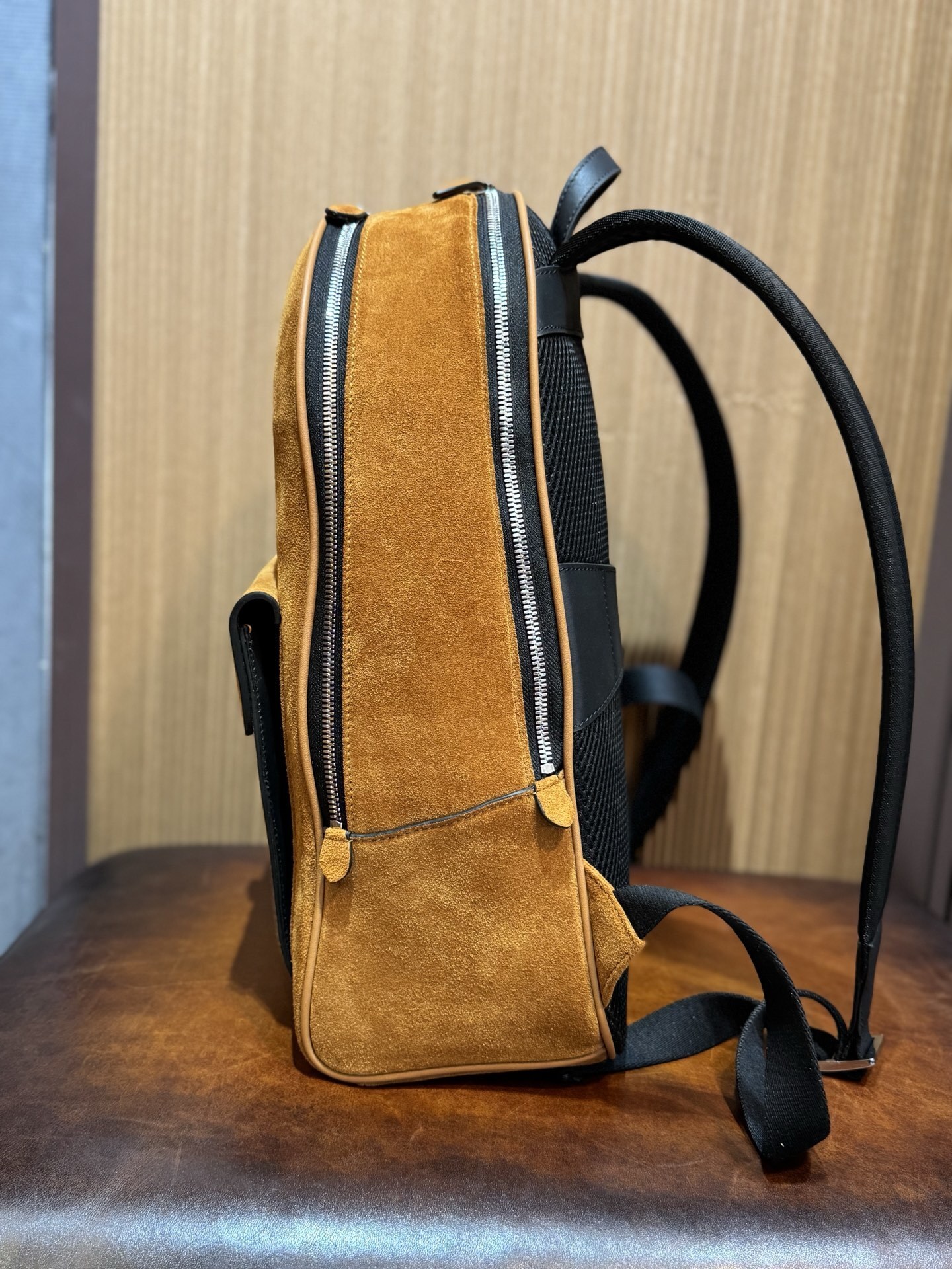 Brunello Cucinelli City suede backpack in cognac brown.