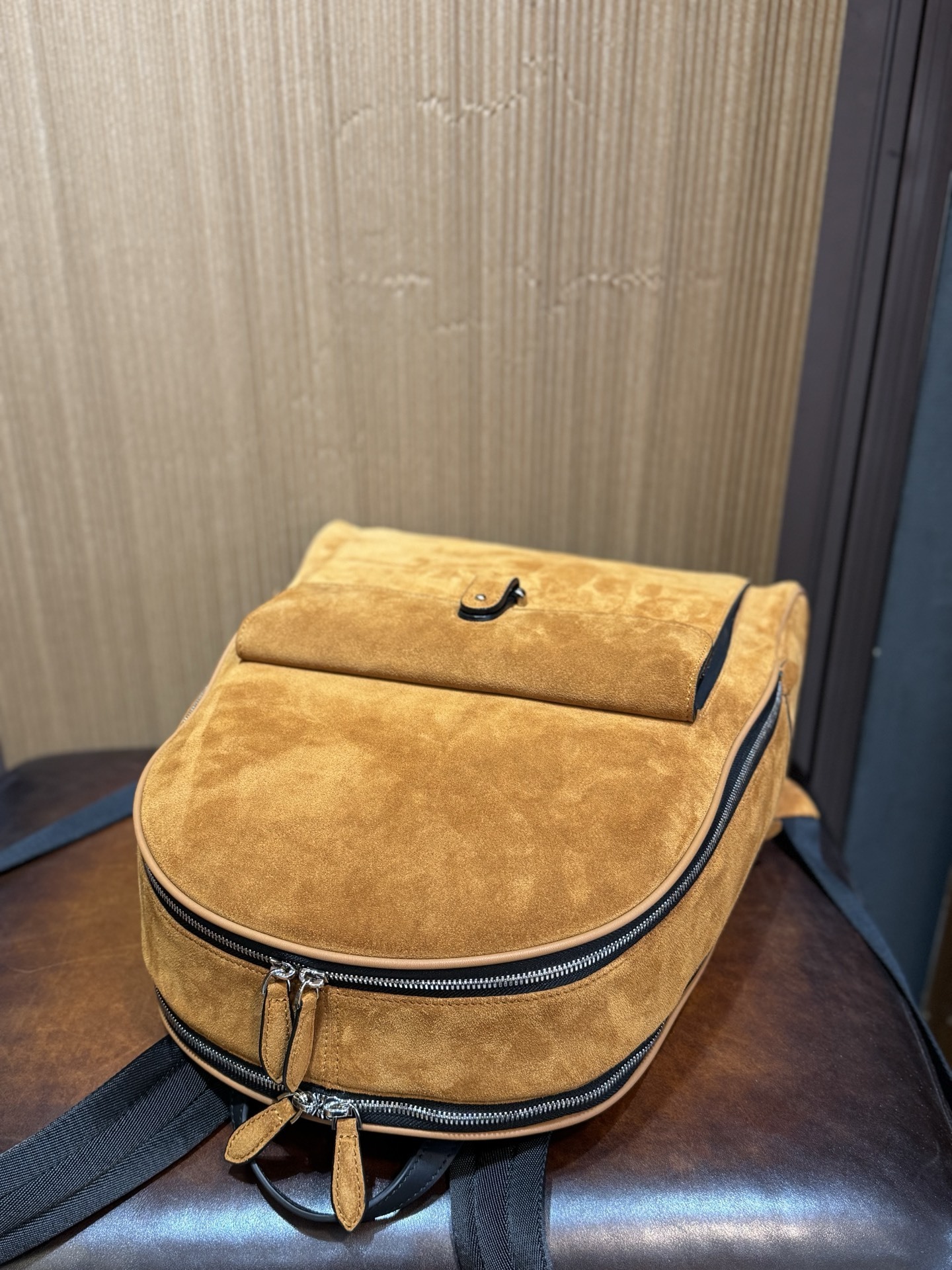 Brunello Cucinelli City suede backpack in cognac brown.