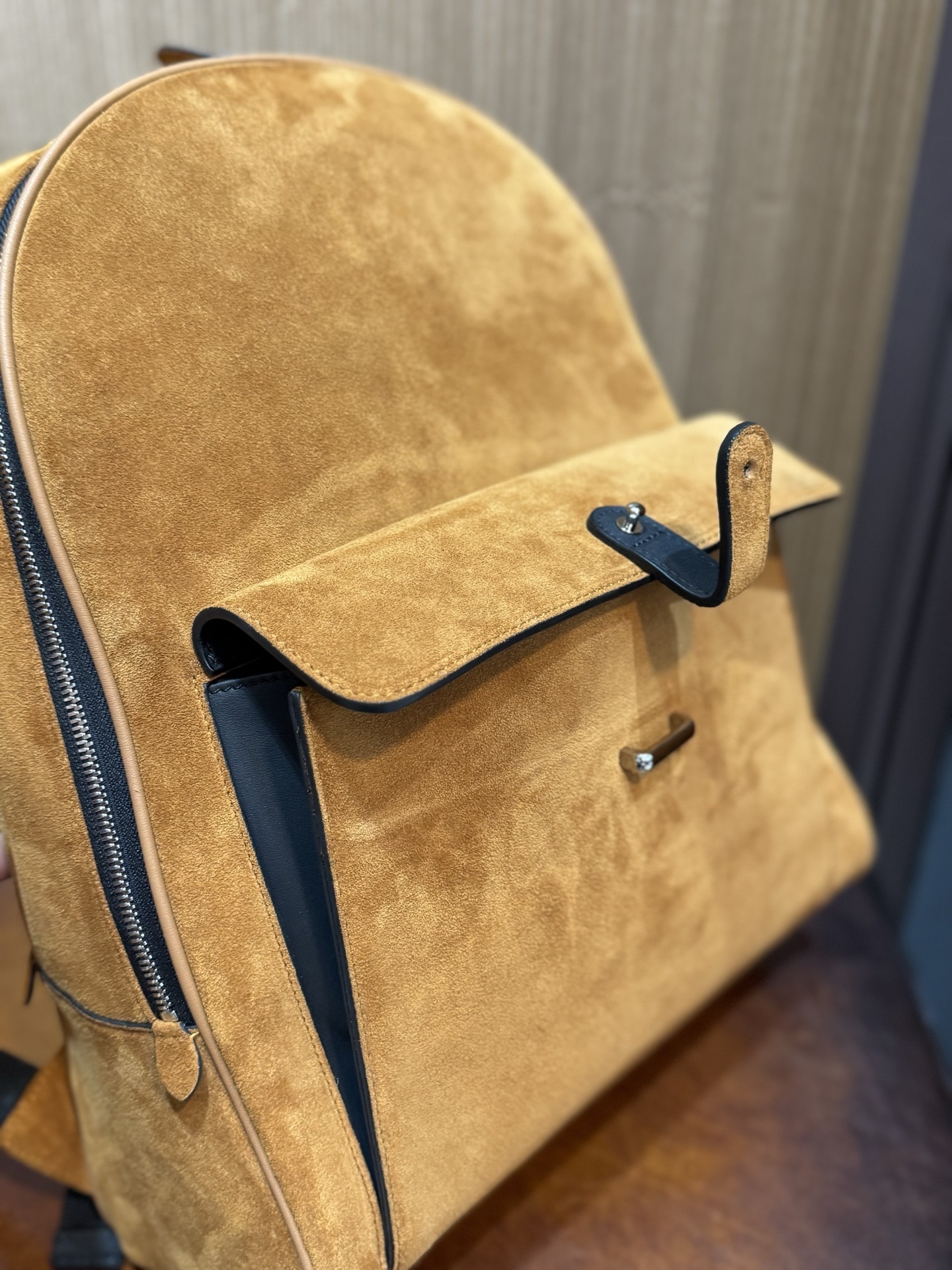 Brunello Cucinelli City suede backpack in cognac brown.