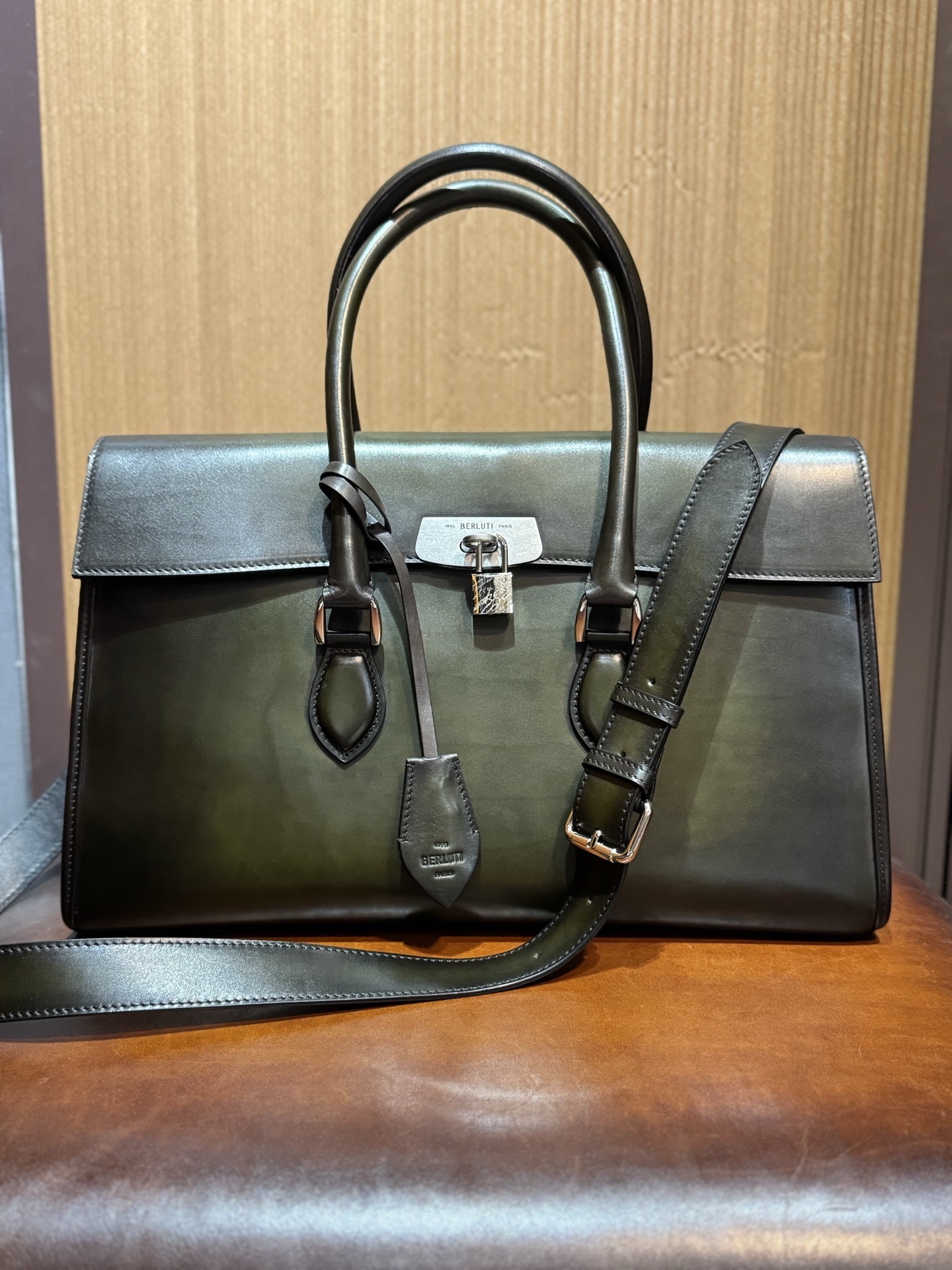 Berluti E'Mio Scritto leather briefcase in a green patina finish