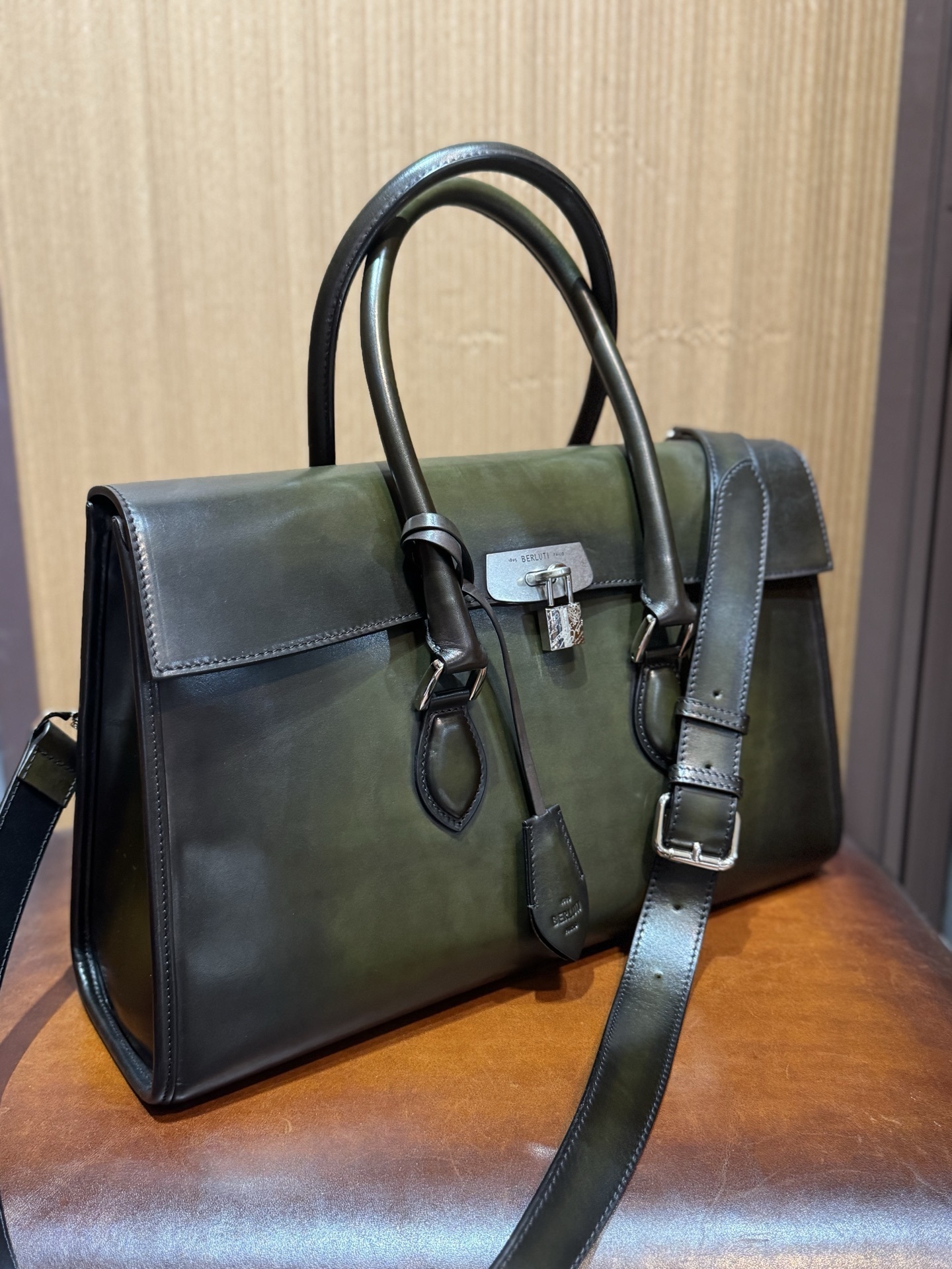 Berluti E'Mio Scritto leather briefcase in a green patina finish
