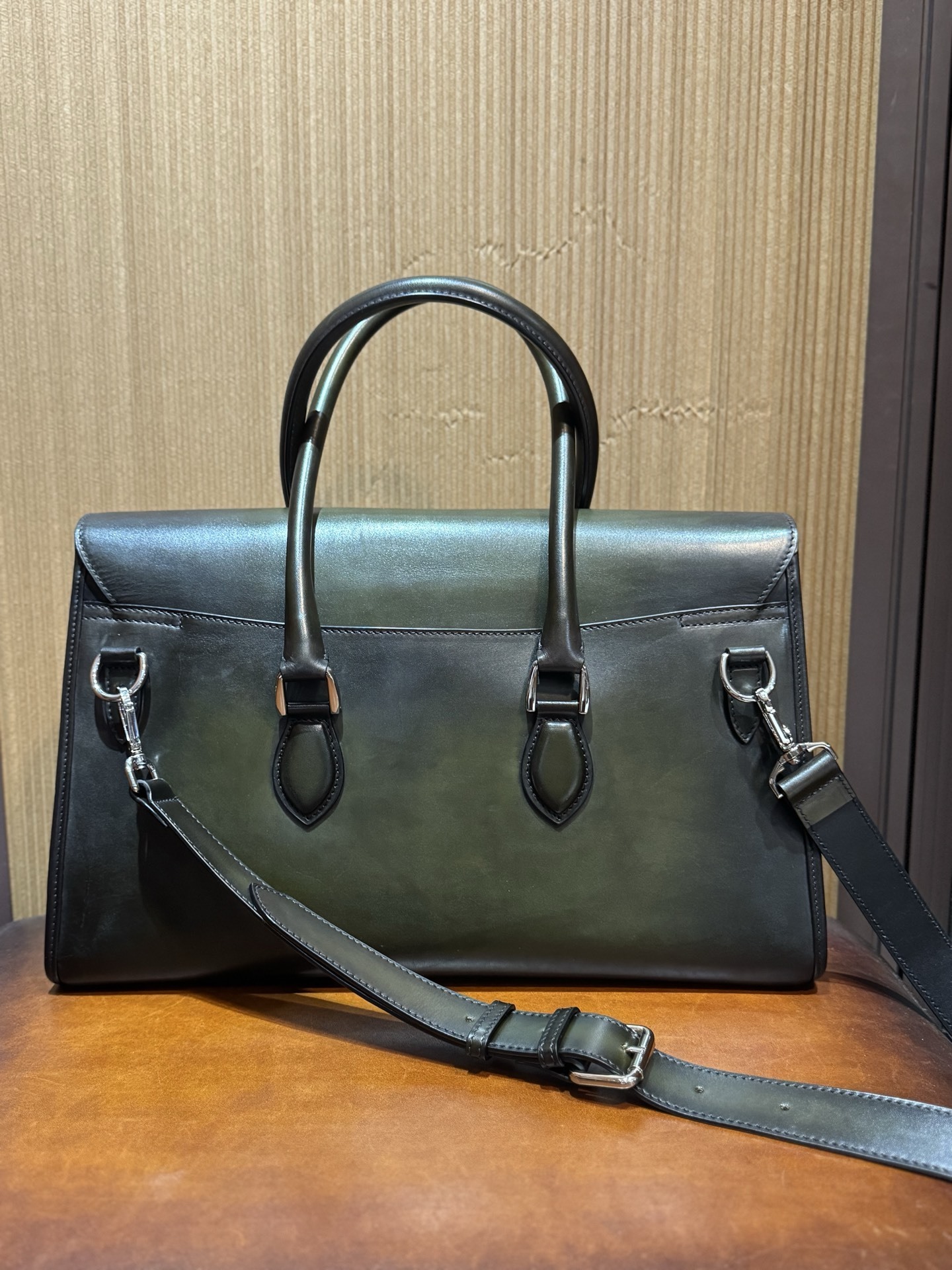 Berluti E'Mio Scritto leather briefcase in a green patina finish