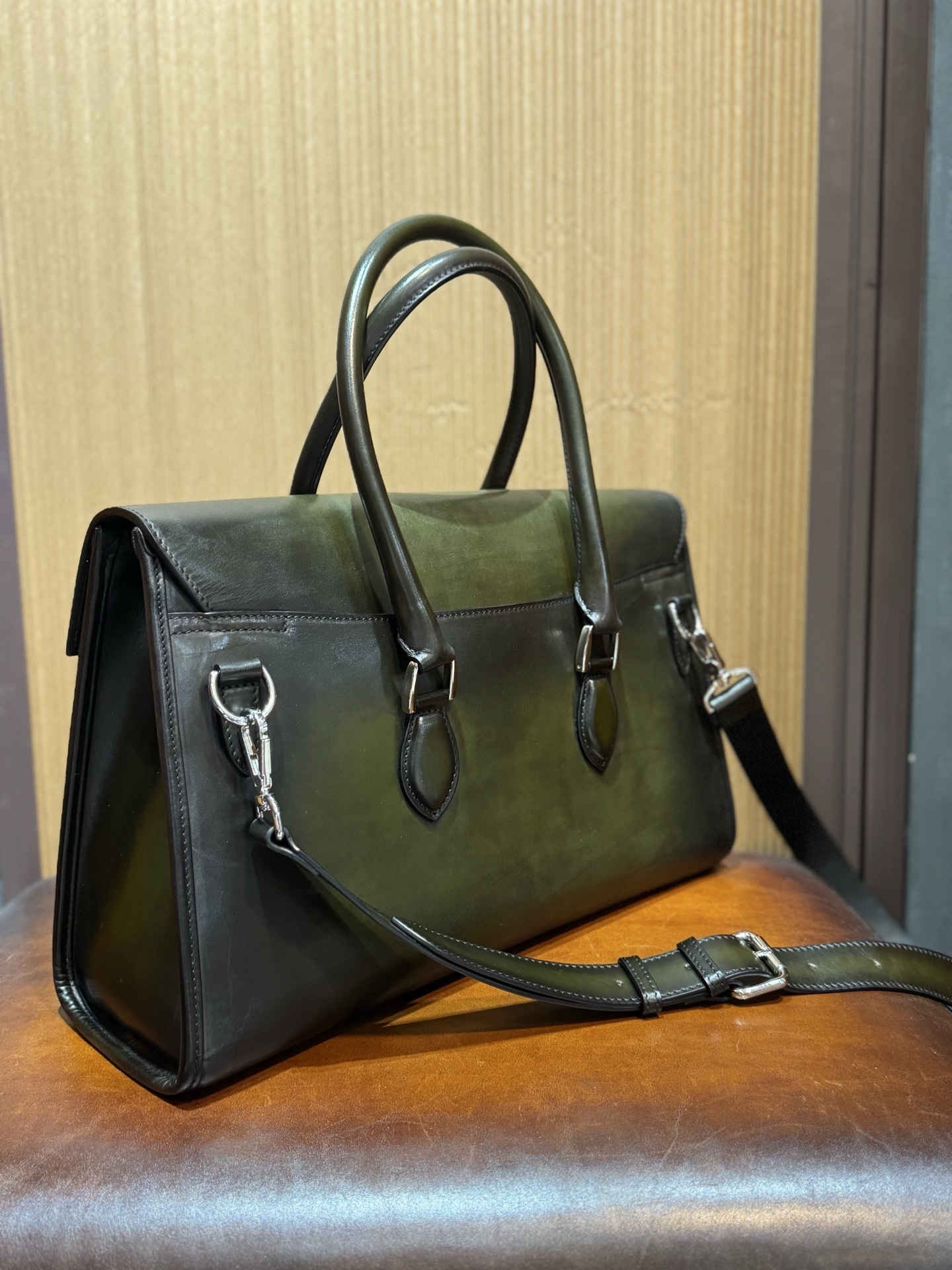 Berluti E'Mio Scritto leather briefcase in a green patina finish