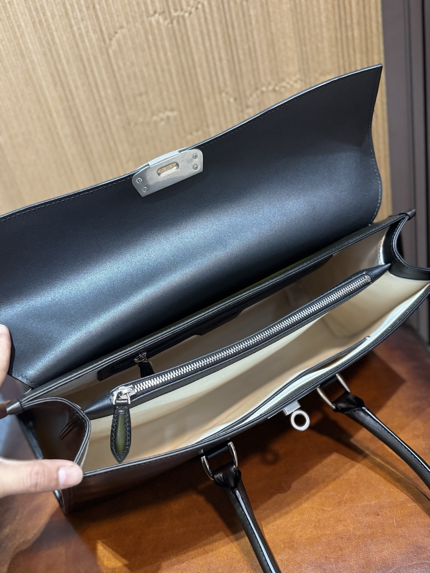 Berluti E'Mio Scritto leather briefcase in a green patina finish