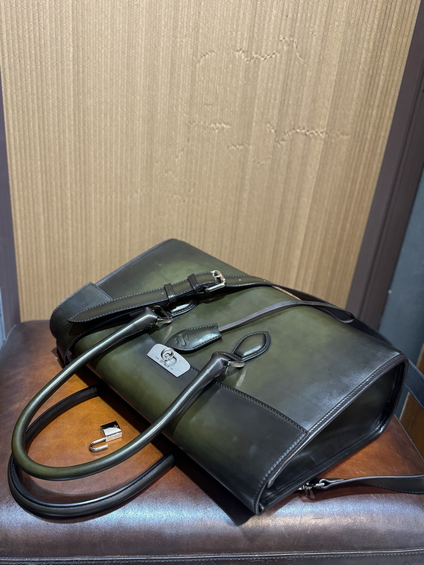 Berluti E'Mio Scritto leather briefcase in a green patina finish