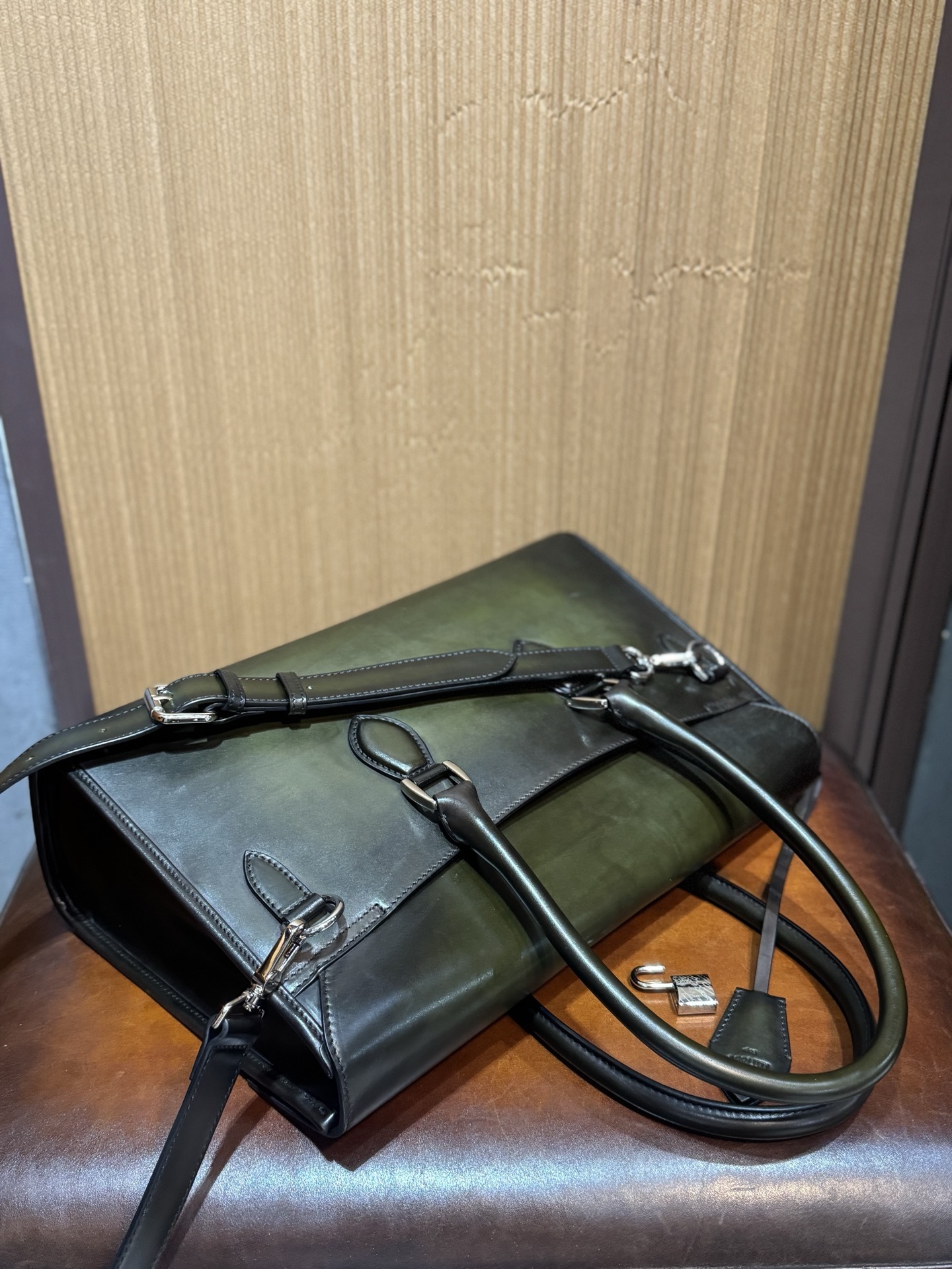 Berluti E'Mio Scritto leather briefcase in a green patina finish