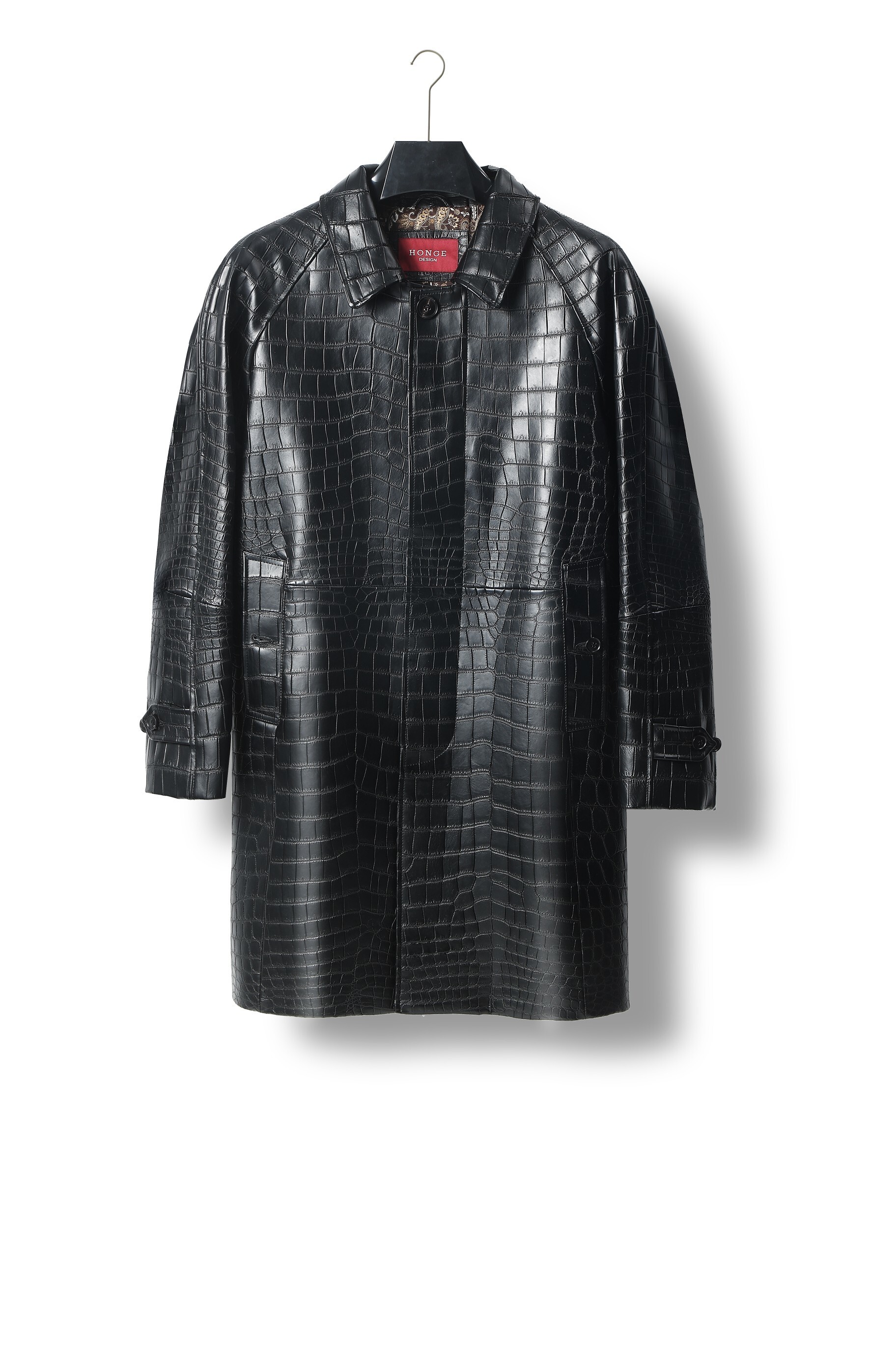 black crocodile-embossed leather coat or trench coat.