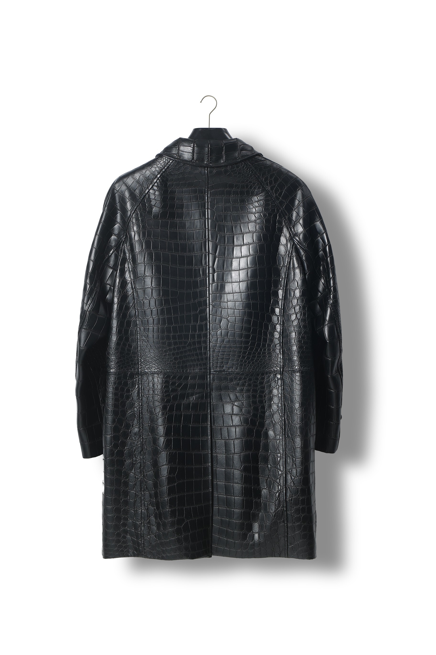 black crocodile-embossed leather coat or trench coat.