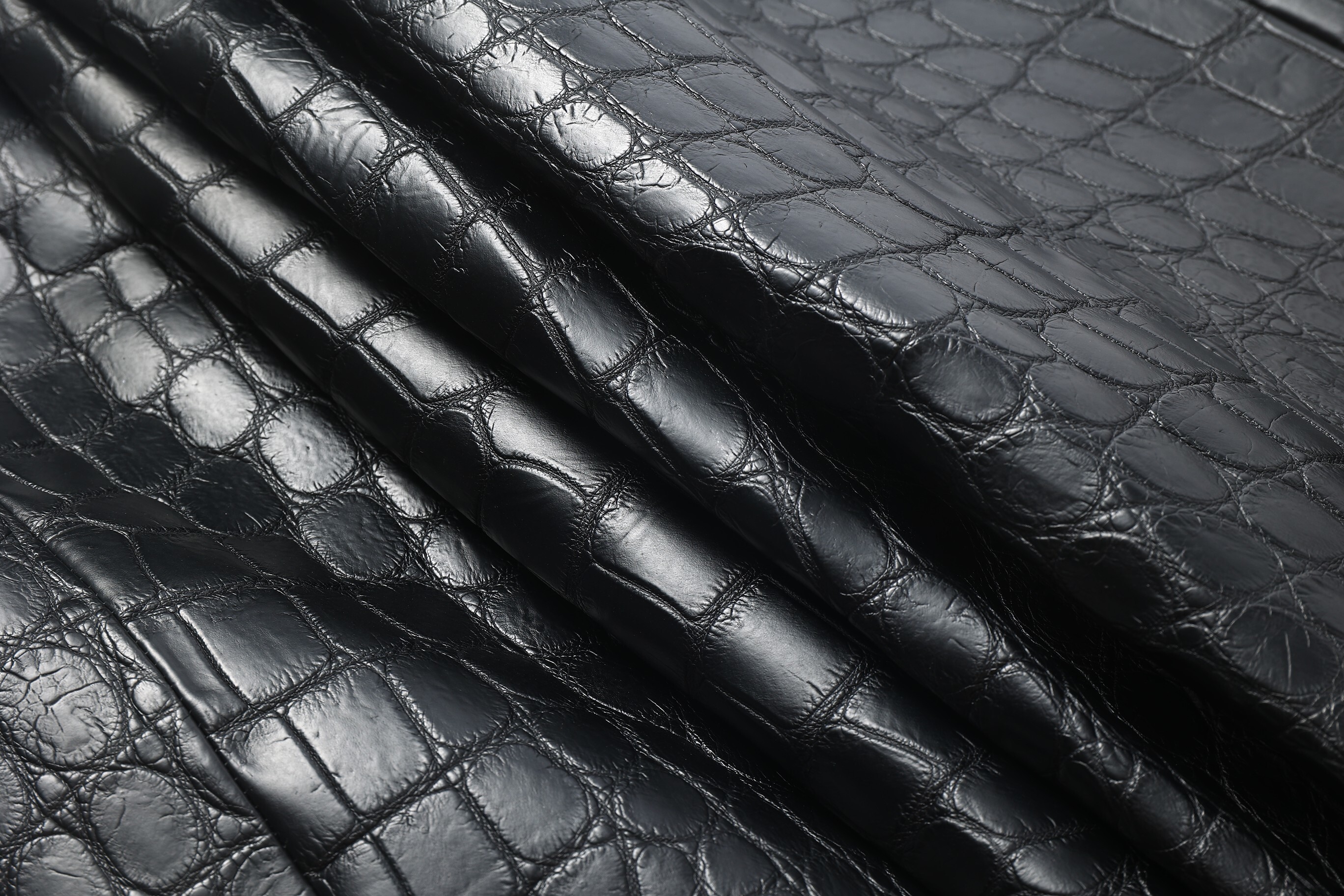 black crocodile-embossed leather coat or trench coat.