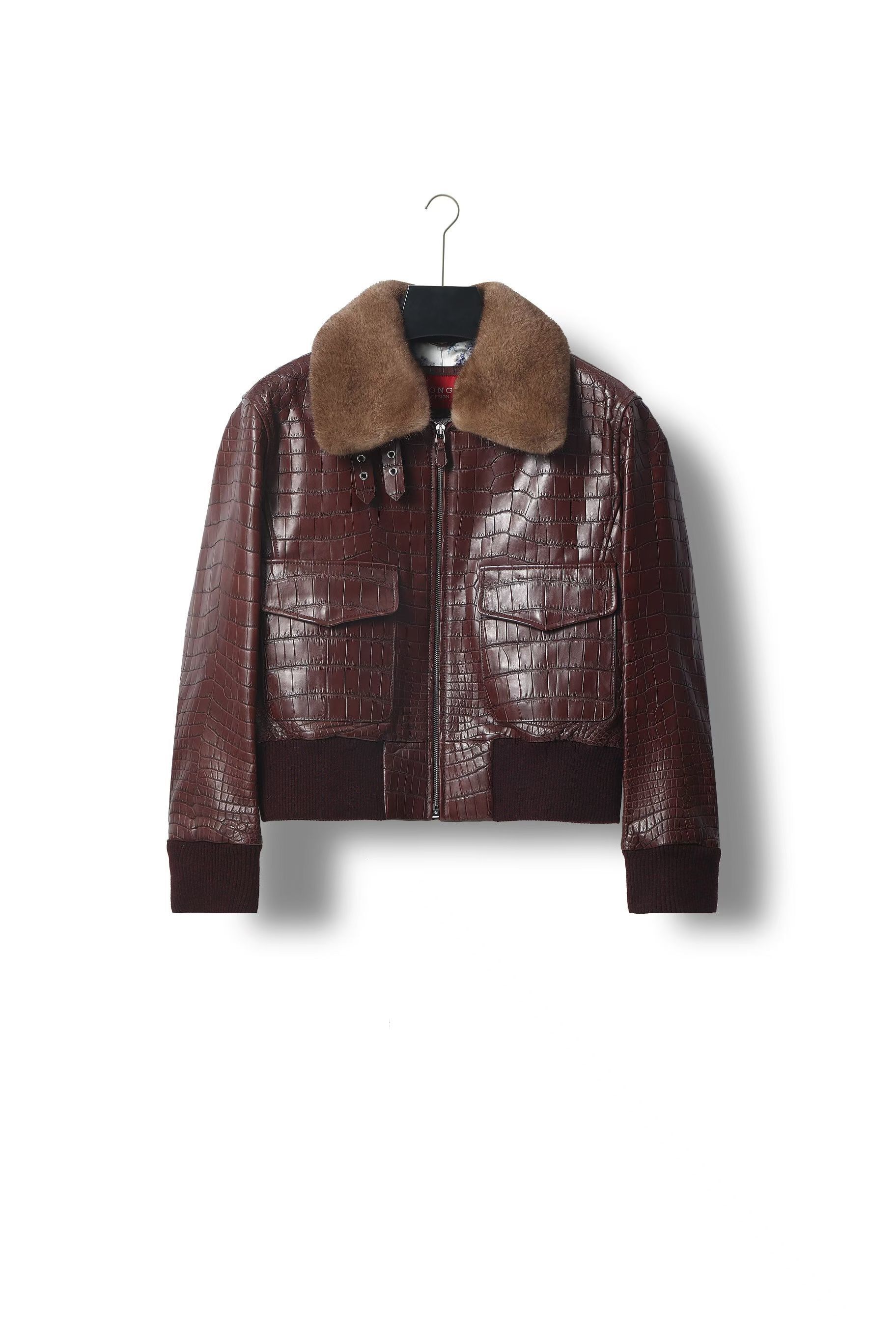 Brioni brown leather bomber jacket with a crocodile-embossed pattern and a fur colla