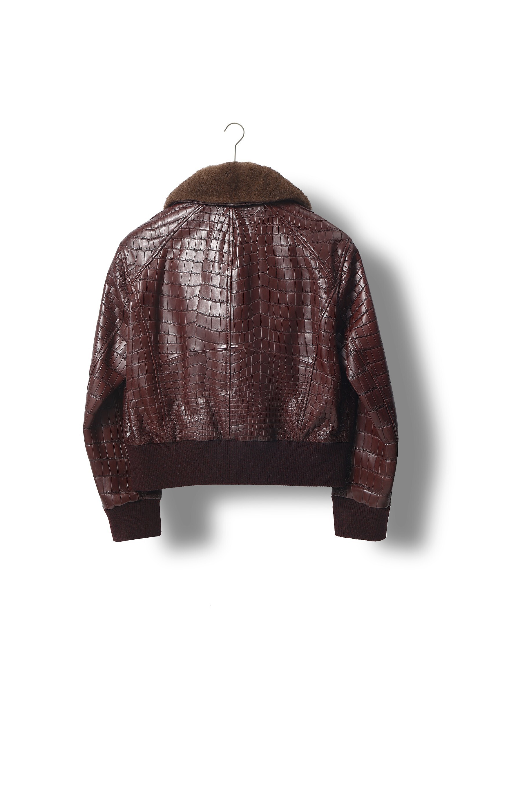 Brioni brown leather bomber jacket with a crocodile-embossed pattern and a fur colla