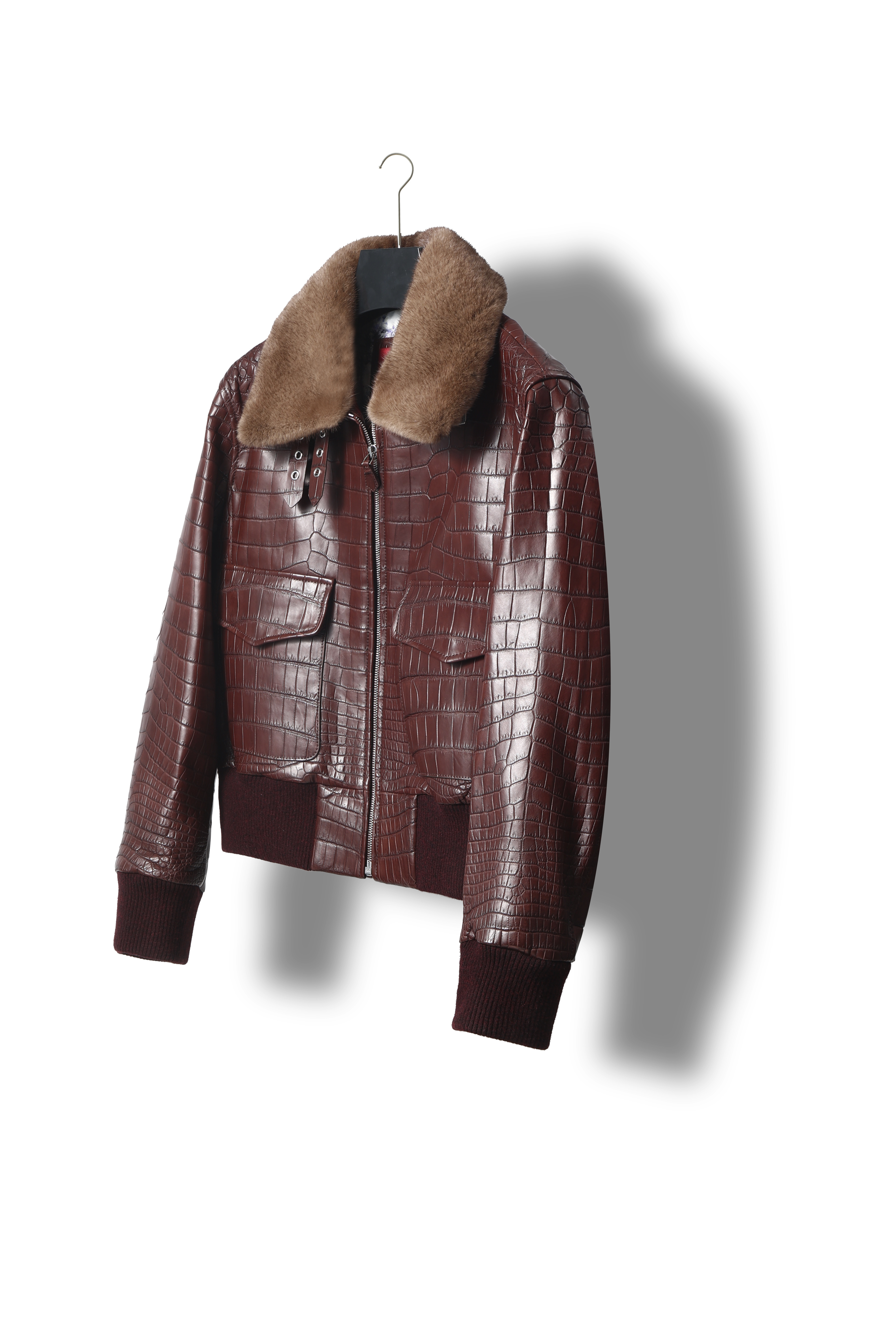 Brioni brown leather bomber jacket with a crocodile-embossed pattern and a fur colla