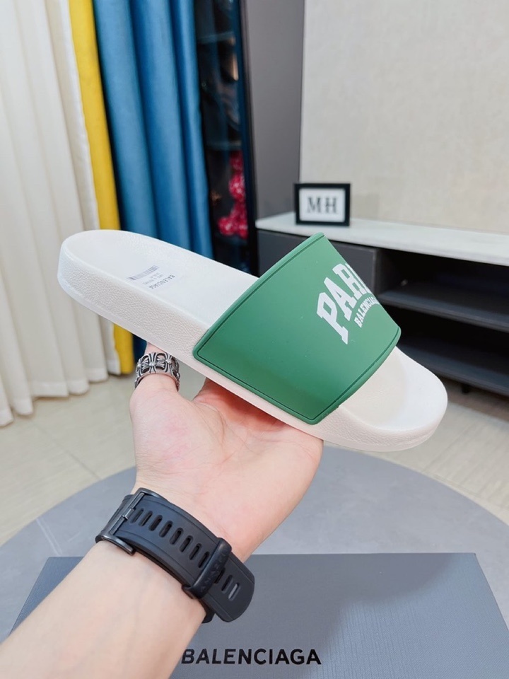 Balenciaga Palm Angels Classic Logo Pool Sliders in green and white.